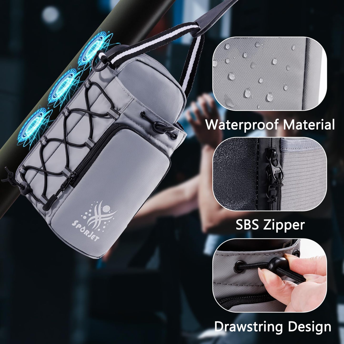SPORJET Magnetic Gym Bag for Water Bottle – Fits Up to 46oz, Sling Water Bottle Holder with Strap & Phone Pocket, Magnetic Workout Bag for Gym, Fitness, Outdoor, Men & Women
