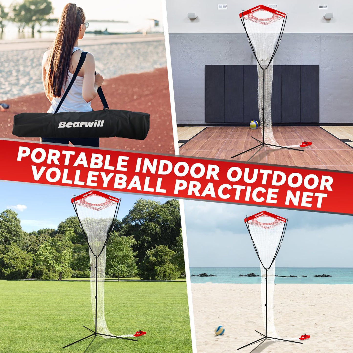 Bearwill Volleyball Setter Trainer Net, Volleyball Training Equipment Adjustable Angle Height 8-13 FT Setter Net, Indoor Outdoor Volleyball Practice Net System for Serving, Spiking and Setting