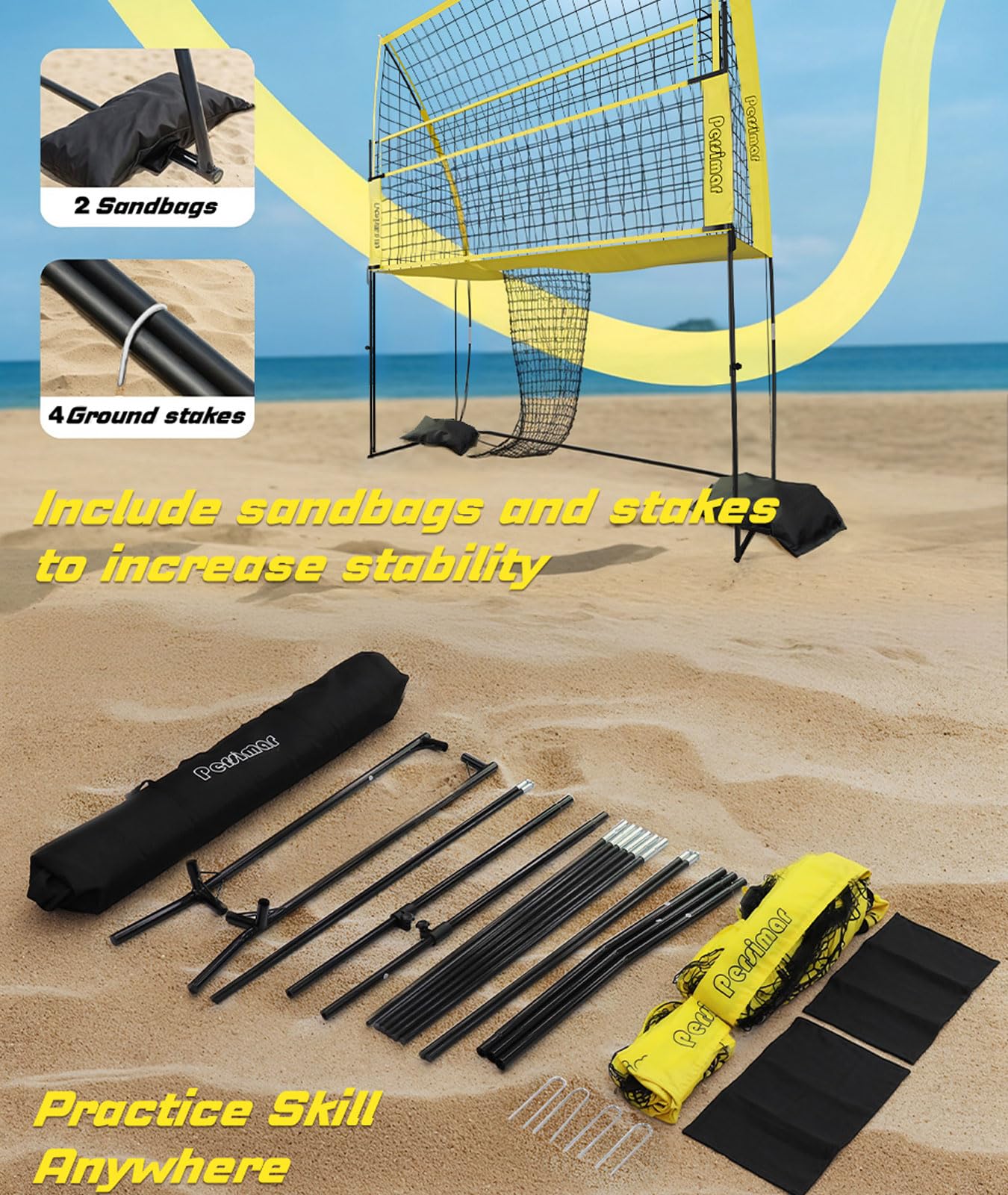 Volleyball Training Equipment Net System,Freely Adjustable Heights Practice Net Serve Trainer Aids,Improve Serve&Spike Skills, Portable &Easy Setup for Backyard Beach Indoor and Outdoor Use