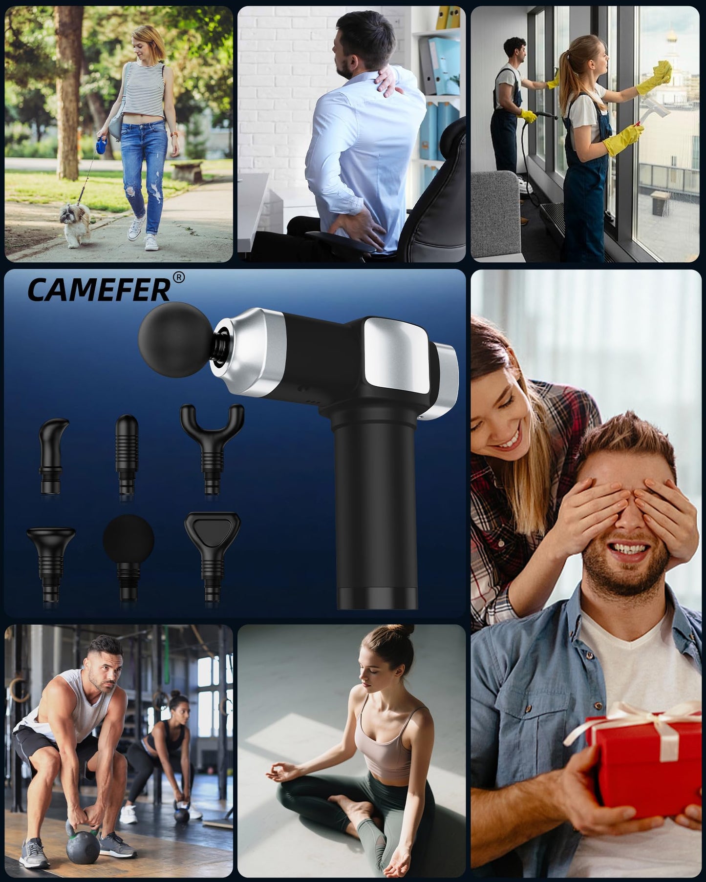 CAMEFER Massage Gun Deep Tissue, Portable Percussion Electric Muscle Massager for Pain Relief, Handheld Massagers with 30 Speeds & 6 Attachments for Back and Neck, Gifts for Men Women