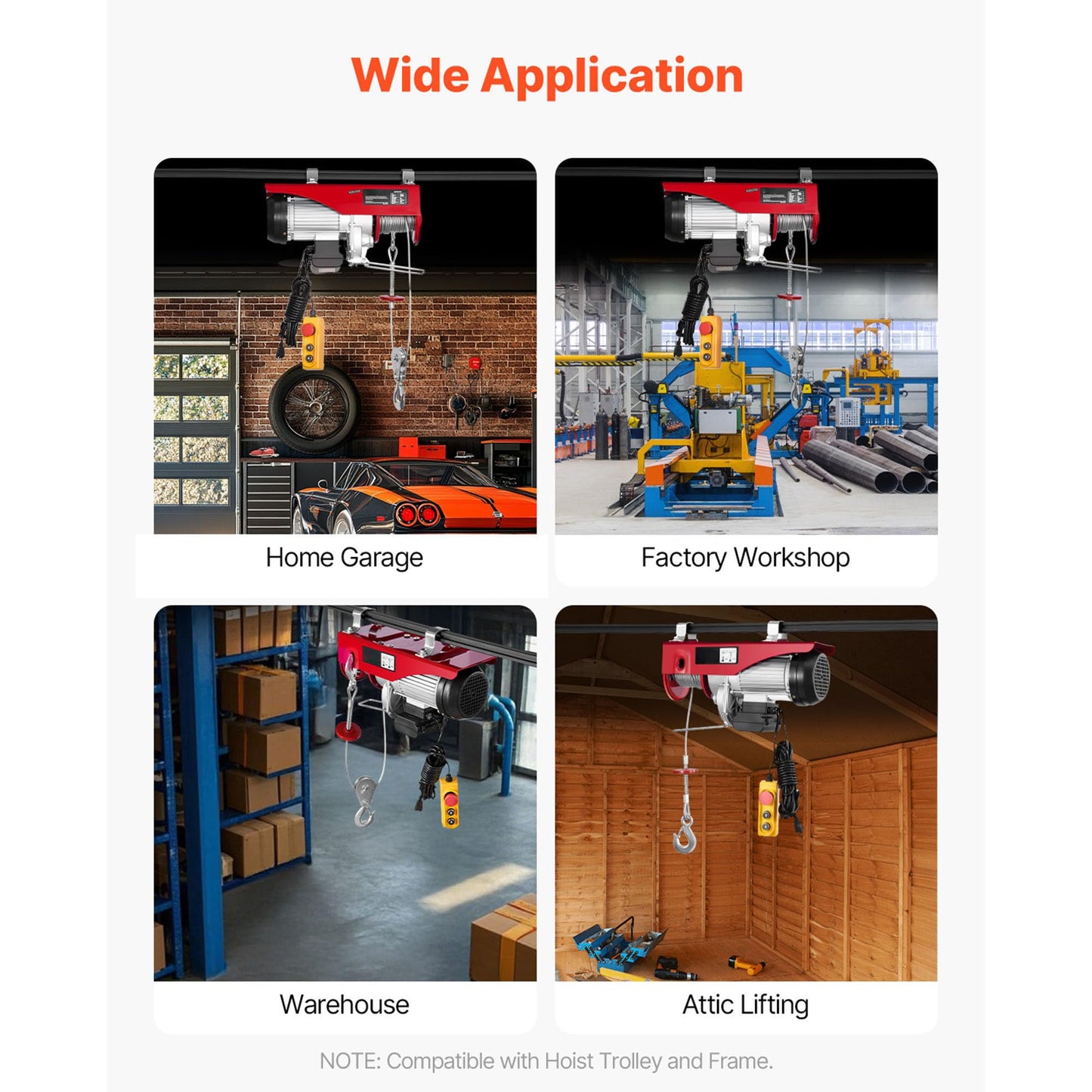 Happybuy Electric Hoist, 2200 lb Overhead Crane Garage w/Steel Hook, Remote Control & Emergency Stop Switch Ceiling Pulley Winch for Warehouse, Construction, Goods Lifting, 110V Red, 2200Lbs