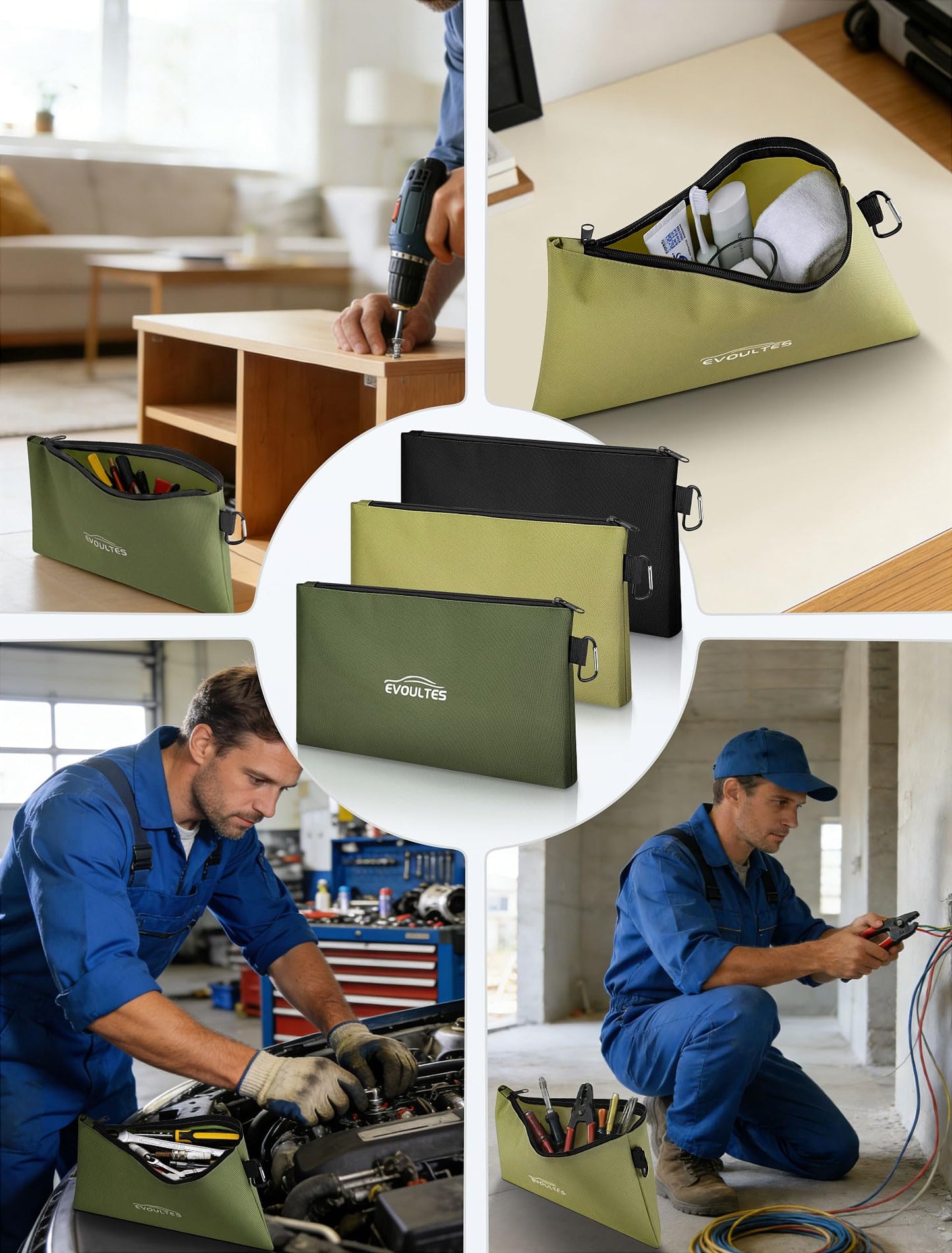 EVOULTES 12 Inch Tool Pouches with Zipper, Small Tools Bags with Carabiner, Multi Purpose Utility Organizer Bags for Tools (3 Pack in Tan, Navy Green, Black)