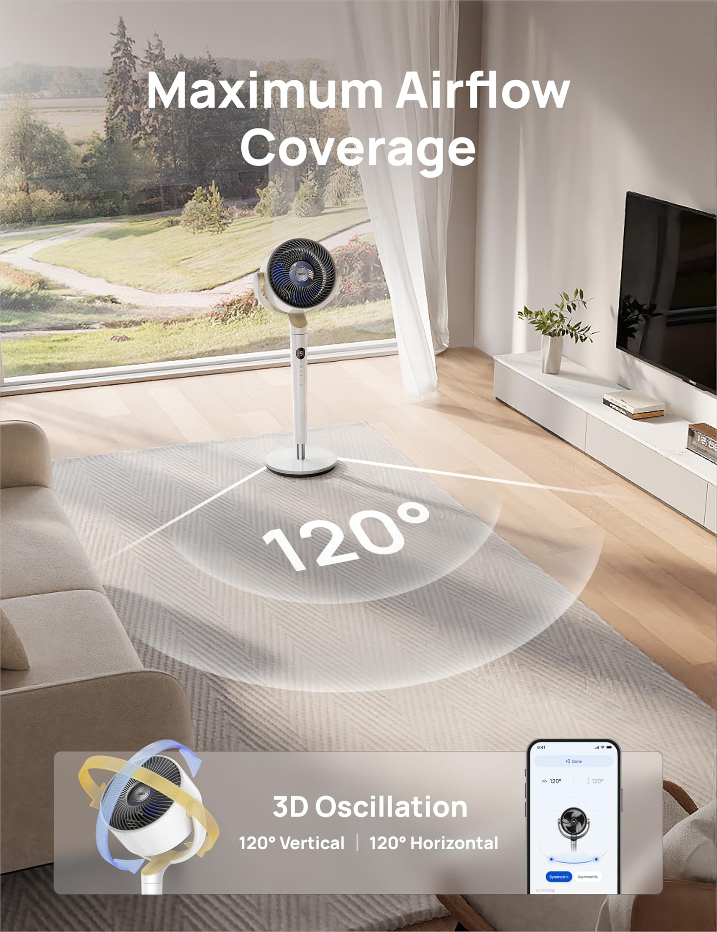 DREO Smart Fan for Bedroom, 120ยฐ +120ยฐ Omni-Directional Oscillating Fans, 100ft Quiet Pedestal Fan with RGB Light, 9 Speeds, 6 Modes, 20dB, 8H Timer, Wi-Fi/Voice/Alexa, 35-40" Floor Fans with Remote