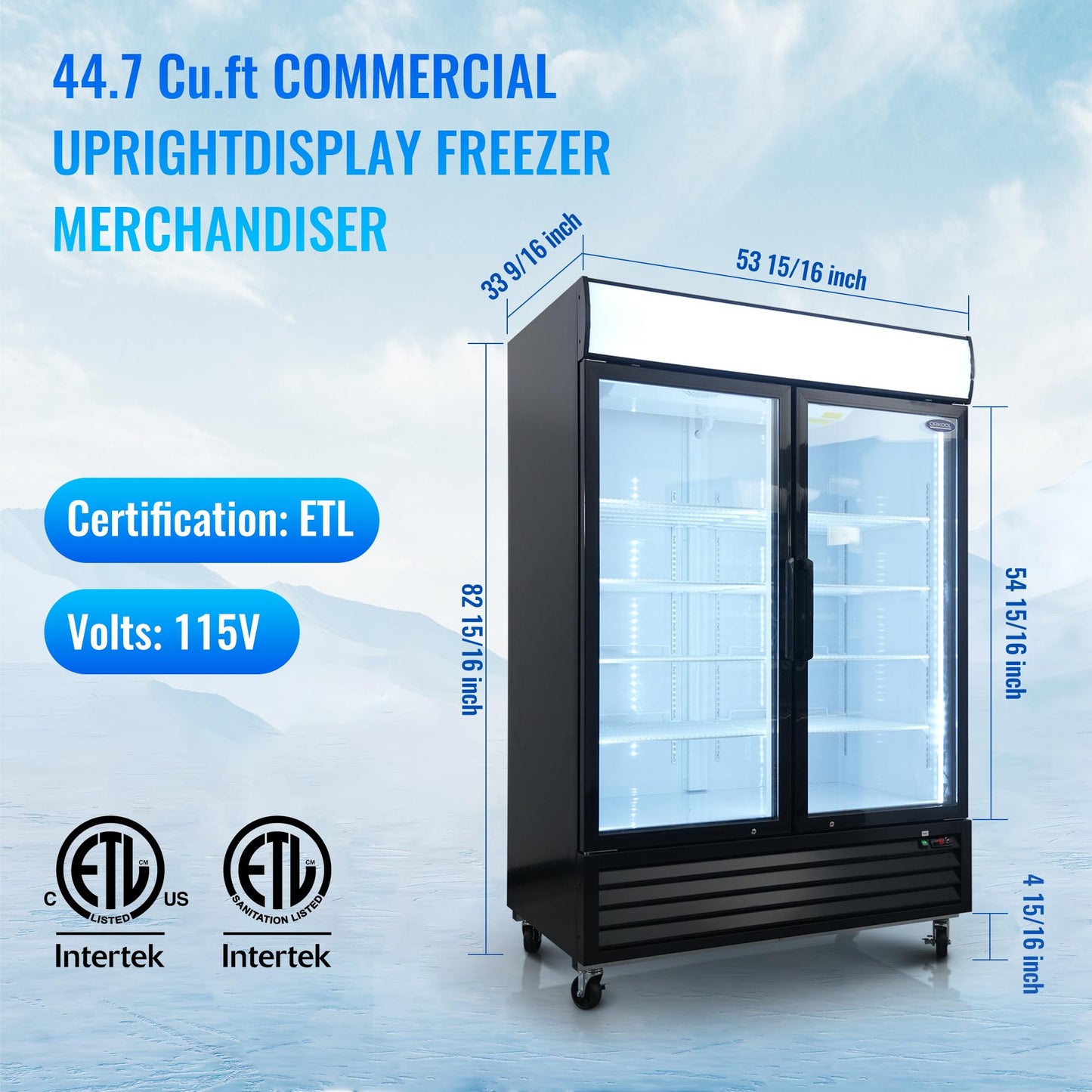 mikibama Glass Door Merchandiser Freezer, 44.7 Cu.ft Swing Door Commercial Reach-In Display Refrigerator with LED Top Panel Upright Freeze Storage, Double Cabinet, Black