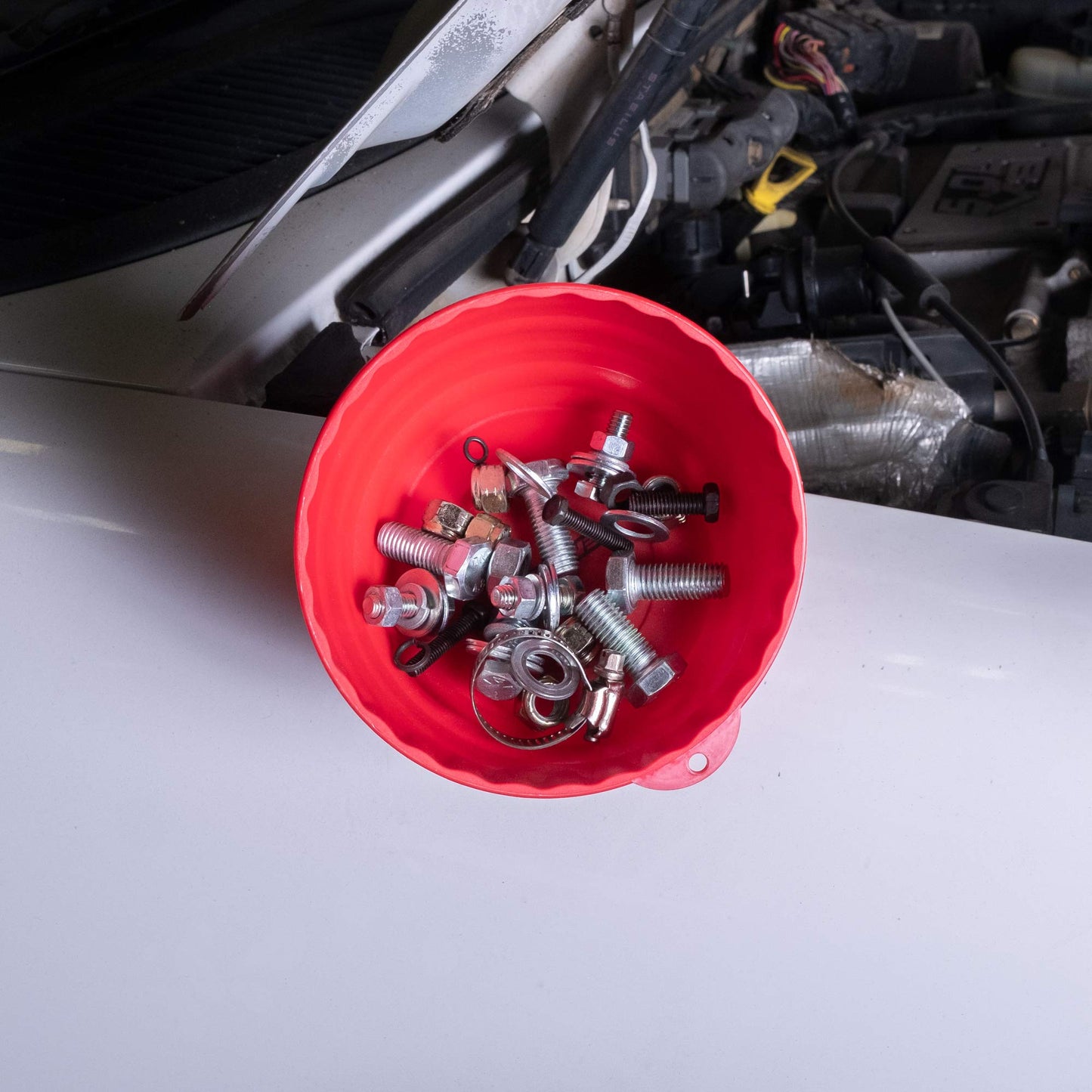 OEMTOOLS 25333 Red Magnetic Nut Cup, Curved Magnetic Parts Tray Holds Up to 5 Pounds, Attaches To Metal Surfaces, Multi-Use Nuts And Bolts Organizer Made From Durable ABS Plastic