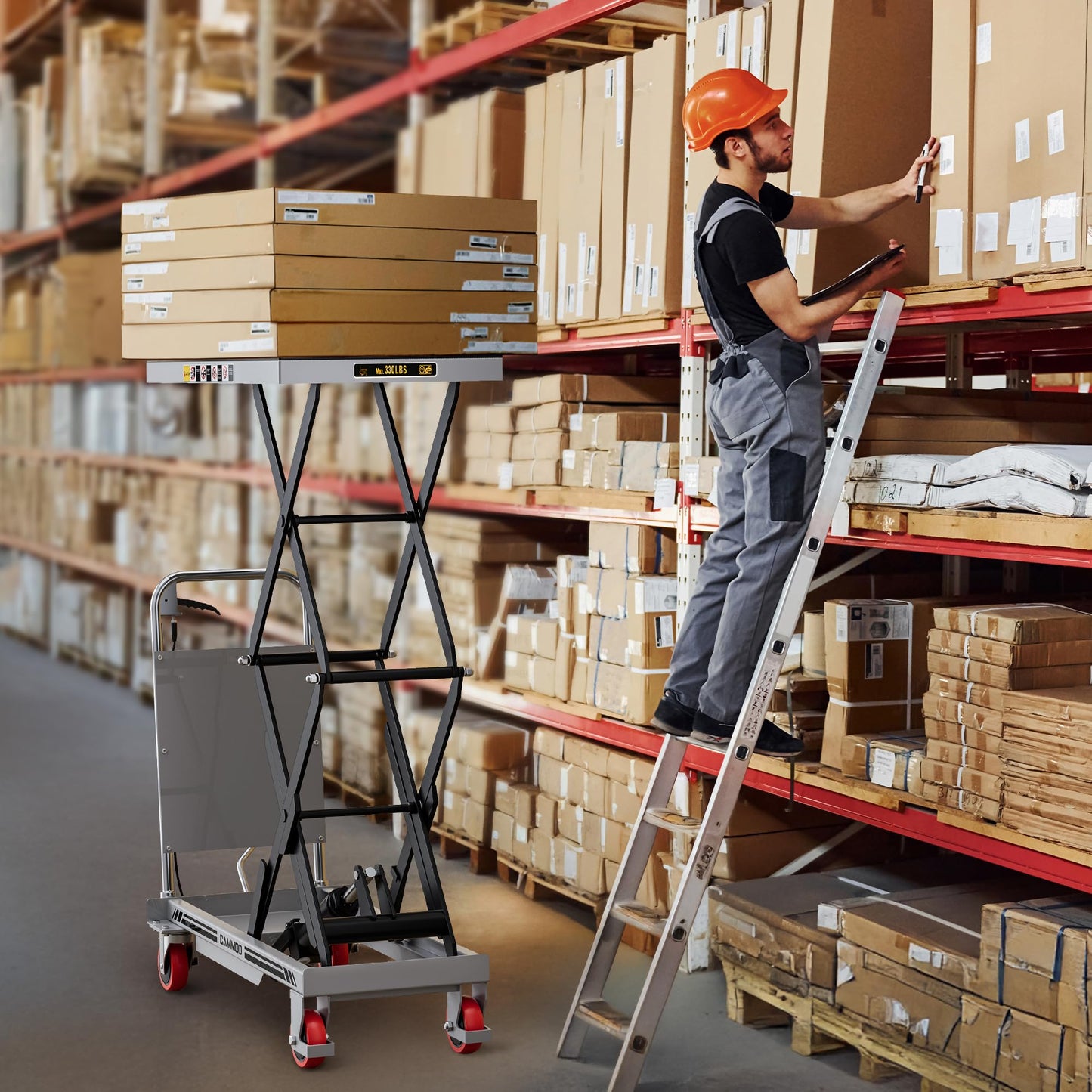 CAMMOO Hydraulic Lift Table Cart, 330lbs Capacity 49.6" Lifting Height, Double Scissor Lift Table with Non-Slip Pad & Safety Guard for Material Handling & Transportation, Gray