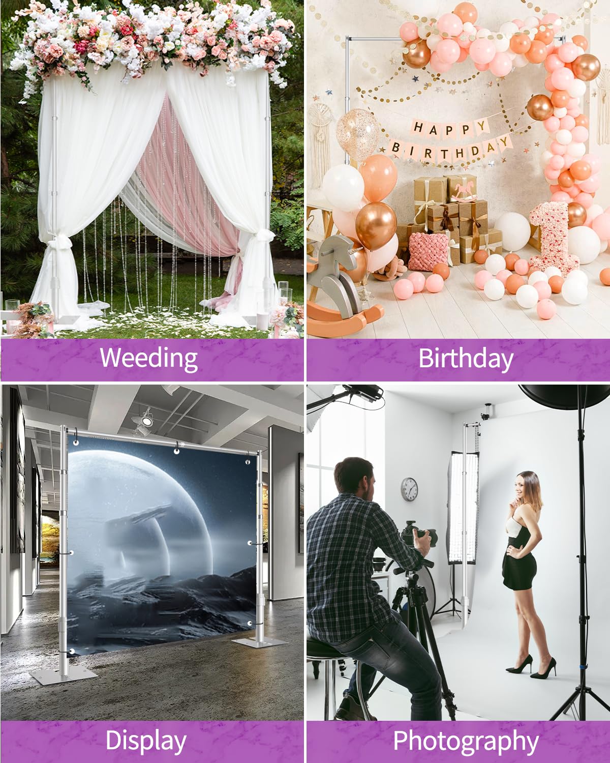 10x10 Pipe and Drape Stand Kit, Heavy Duty Backdrop Stand Adjustable, Sturdy Metal Back Drop Decoration Frame with Flat Base for Parties, Flower Wall, Wedding, Event,Trade Shows, Photo Shoot