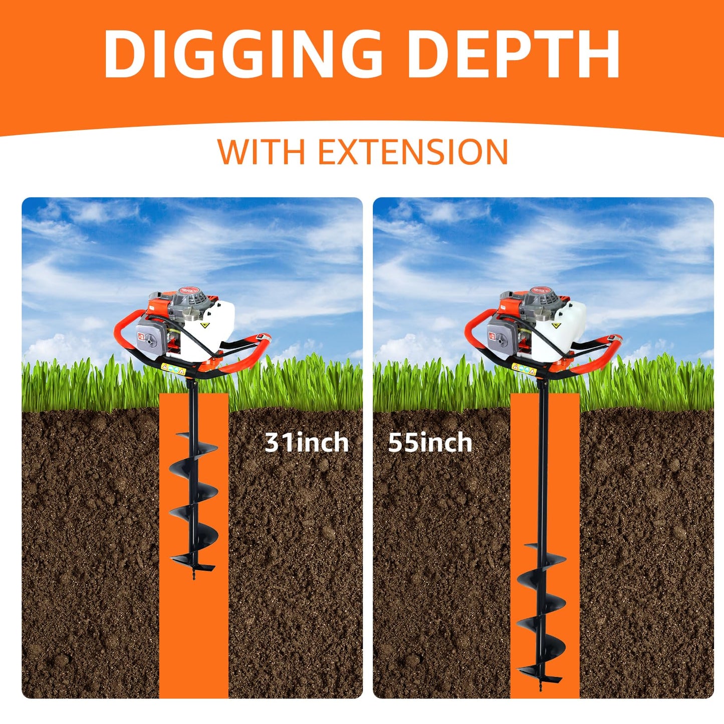 XJADQW 85CC 2-Stroke Gas Powered Post Hole Digger with 4" & 8" & 12" Auger Bits + 24“ & 24" Extension Rod, Heavy Duty Earth Auger for Farm, Garden, Landscaping, Construction