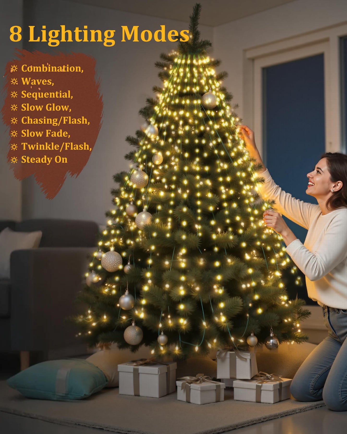 Tomanwai Christmas Tree Lights, 400 LED Christmas Lights with 8 Light Modes & Memory Function, 6.6FT x 16 Lines Outdoor Christmas Light with Timing Function for Christmas Decorations - Warm White