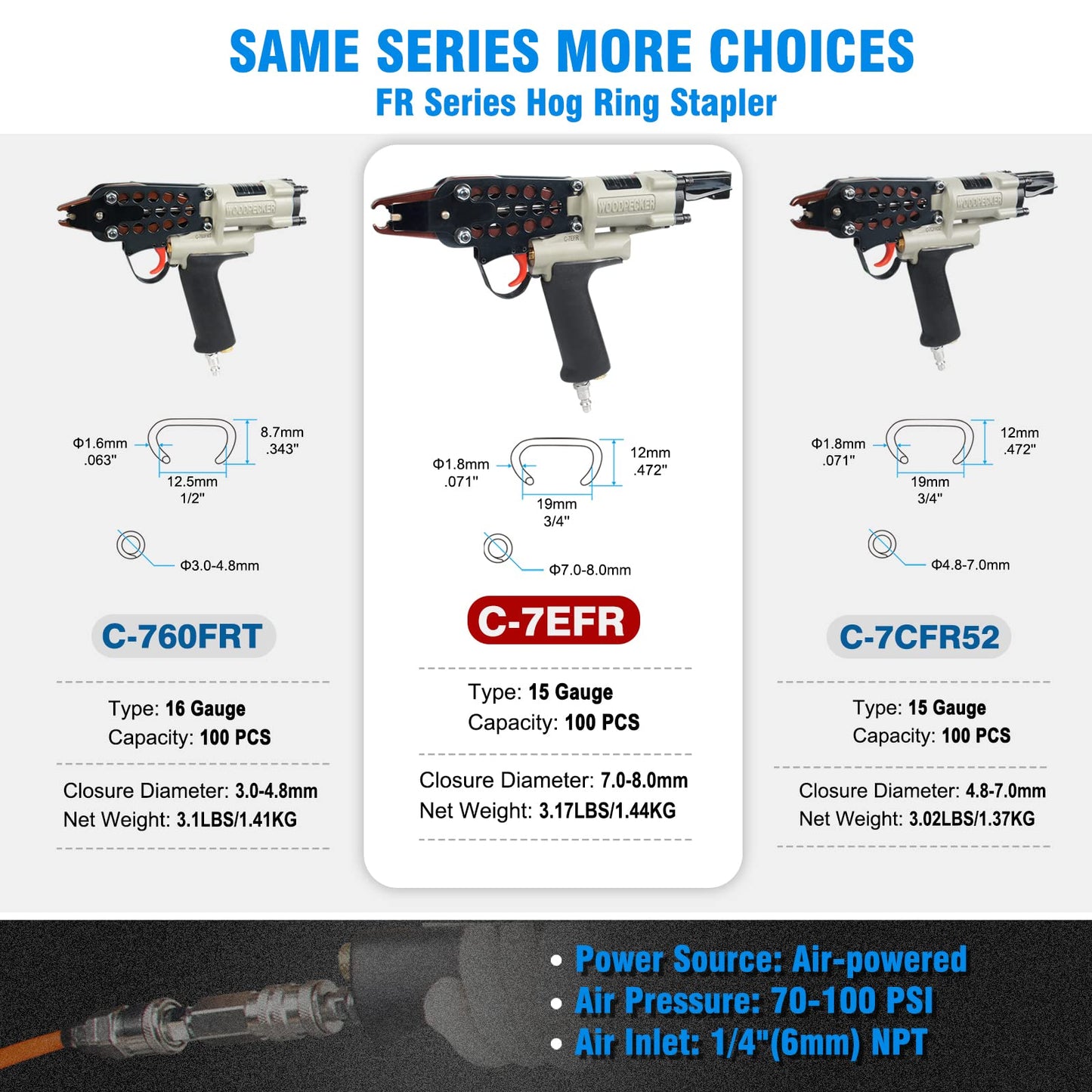 Woodpecker #C-7EFR 15 Gauge Pneumatic Hog Ring Staple Gun, New Adjustable Speed Generation 3/4-Inch Inner Crown Air Power C Ring Stapler, 4.8-8.0mm Closure Diameter Hog Ring Plier for Spring Mattress