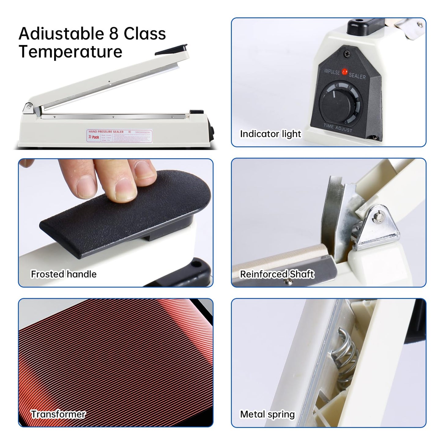 R-PACK Impulse Heat Sealer with Seal bar, Heavy-Duty Bag Sealing & Cutting Machine, 2 Extra Replacements (white, 16inch)
