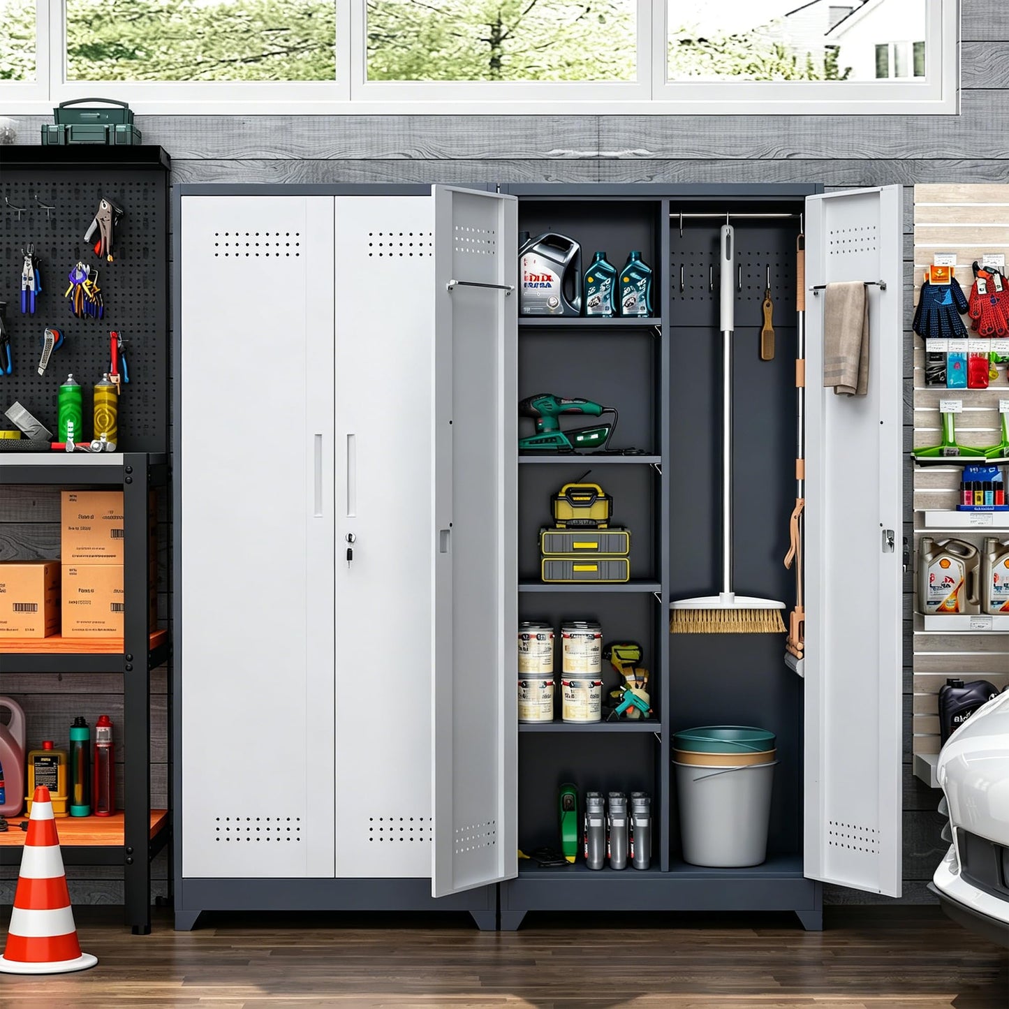 NICEGDLT Metal Storage Cabinet 72" Tall, Garage Storage Cabinet with Lockable Doors & Shelves, Utility Broom Closet, Steel Tool Cabinet for Garage, Laundry Room, Home Office, Grey/White