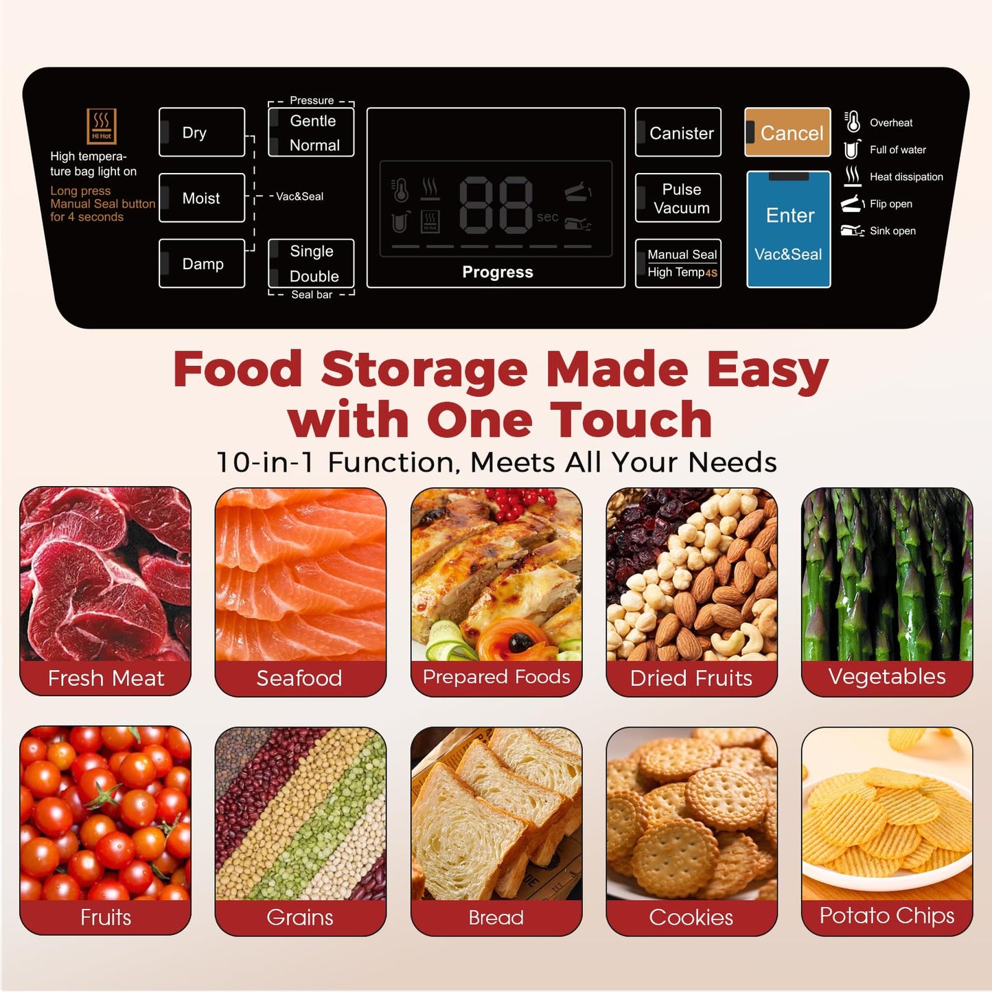 Vacuum Sealer for Food, 10 Modes 95KPa vacuum sealer for Wet/Dry Food, Automatic Food Vacuum Sealer Machine with Double Seal Strip, Built-in Cutter & Roll Storage, Complete Kit with Bags