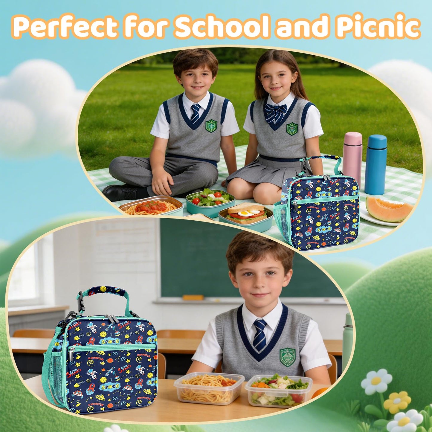ZAZIWZ Lunch Bag for Kids Insulated Lunch Boxe for Girls Boys Reusable Cooler Tote Small Lunchbag Back to School Cute Lunchbox for Teens 02 (Space)