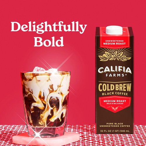 Califia Farms - Pure Black Medium Roast Cold Brew Coffee, 32 Oz (Pack of 6), 100% Arabica, Shelf Stable, Plant Based, Vegan, Gluten Free, Non GMO, Sugar Free, Iced Coffee