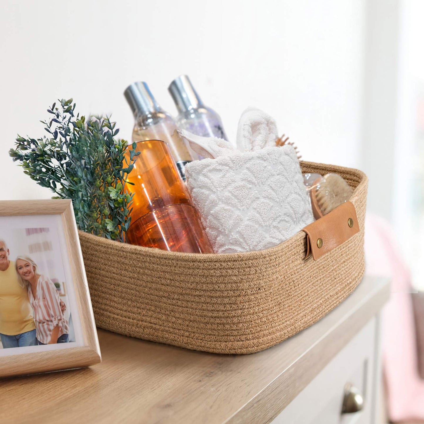 CHICVITA Rectangle Jute Rope Woven Basket with Handles for Books, Magazines, Toys - Decorative Rectangle Basket for Baby Nursery, Living Room, Bathroom