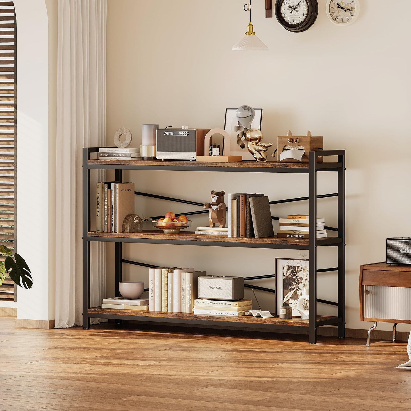 3 Tier Bookcase 47.24" Width, Long Industrial Book Shelf, Vintage Wooden Large Book Shelf for Home Living Room Bedroom Office Storage(Vintage)
