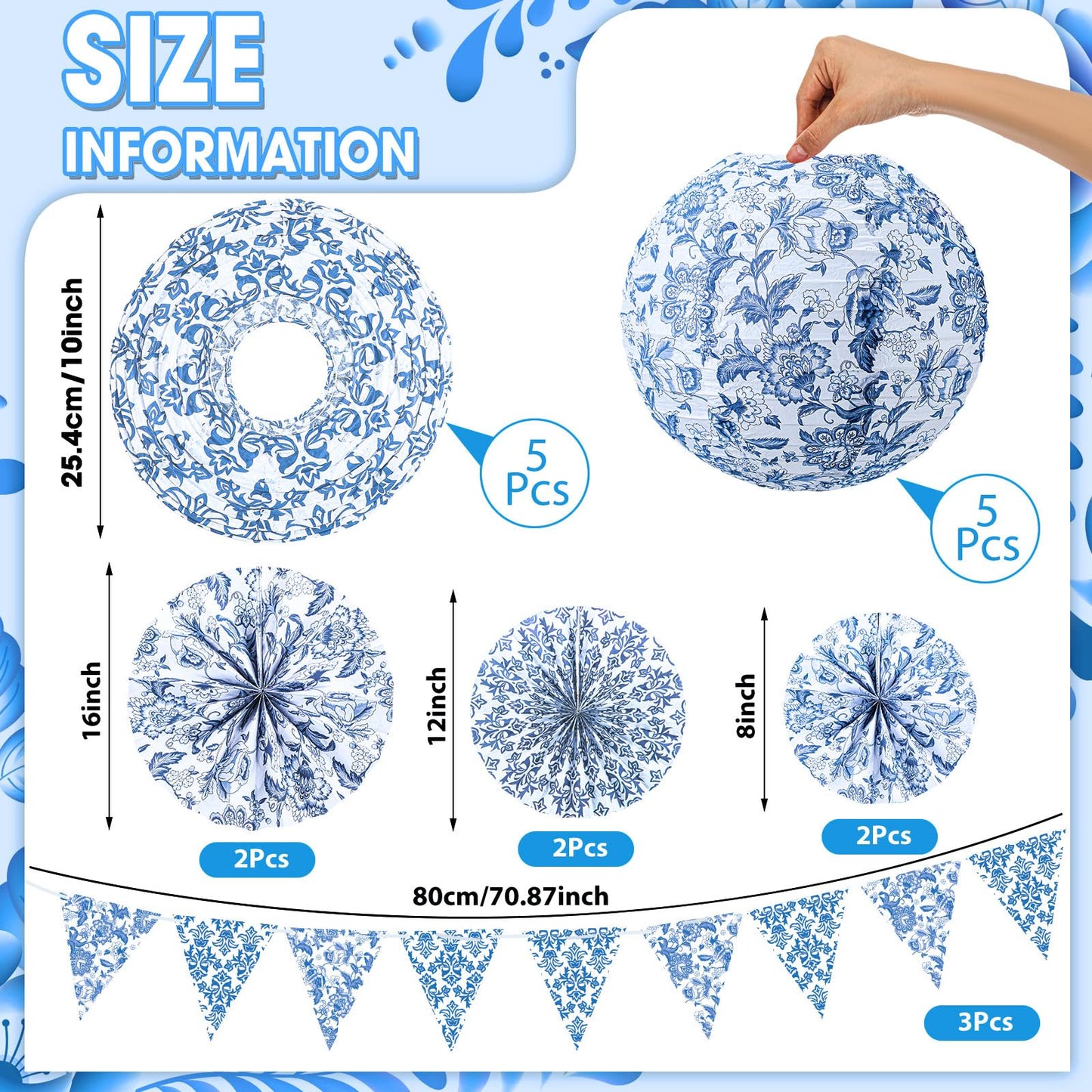 Tujoe 19 Pcs Chinoiserie Themed Party Decorations 10 Paper Lanterns 3 Triangle Flags Banner 6 Hanging Round Fans Blue and White Print Chinese Hanging Decoration for Ceiling Wedding Birthday Home Decor