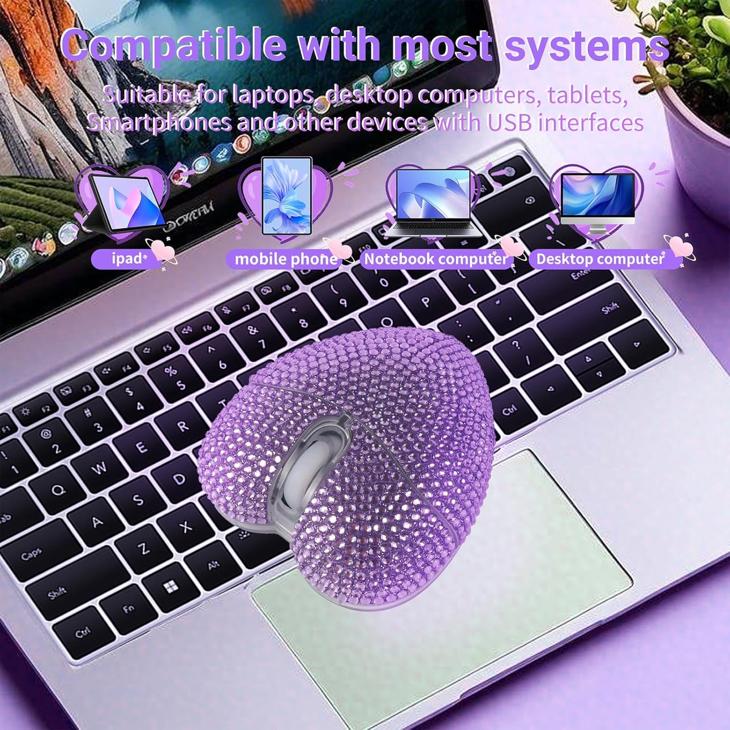 elec Space 10m Wireless Bluetooth Mouse, Silent and Stylish Heart-Shaped Mouse for Laptop, PC - Range (Purple)