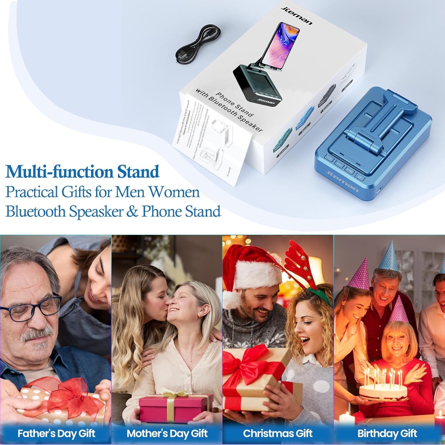 JTEMAN Cell Phone Stand with Bluetooth Speaker, HD Stereo Sound & Anti-Slip Base, Foldable Adjustable Desktop Phone