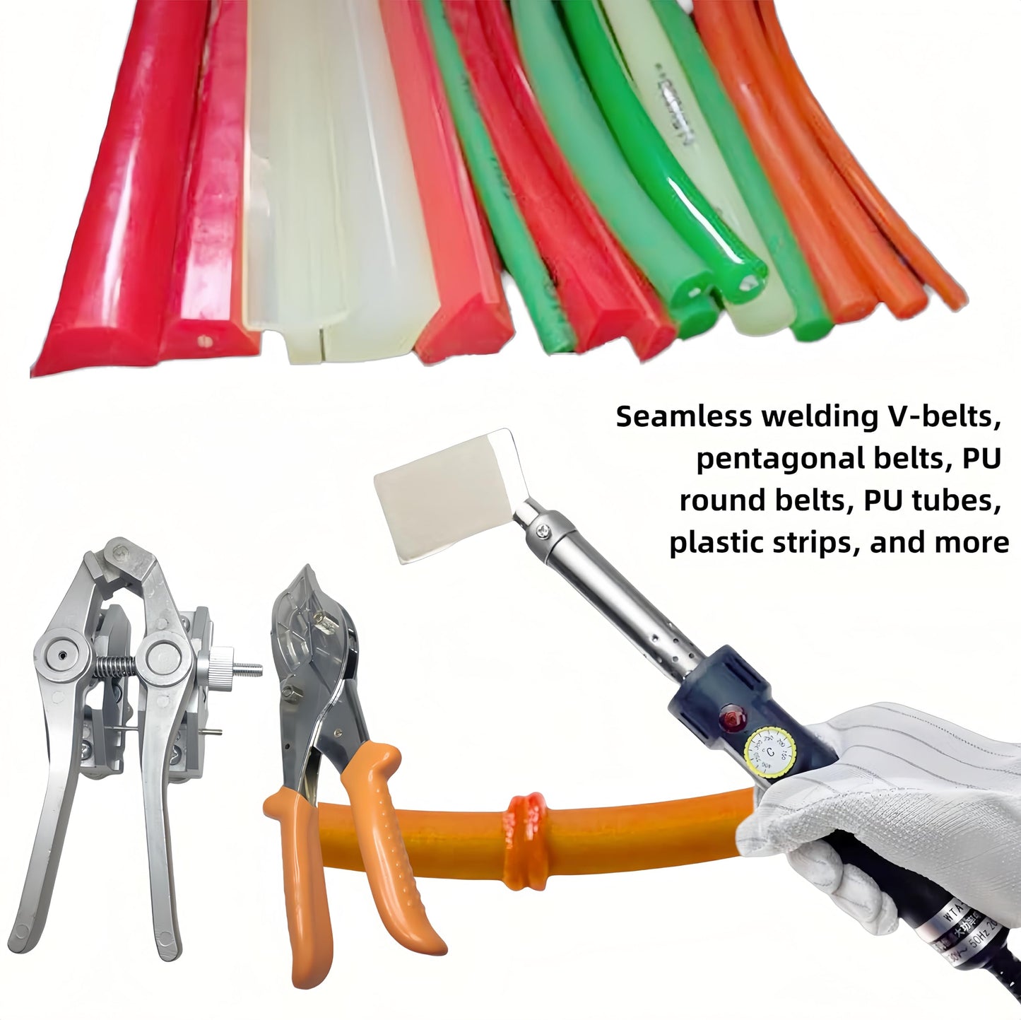 PU Round Belt Welding Machine Set, 110V 200W Electric Polyurethane Belt Soldering Iron with Pliers & Scissors, 150-400℃ Belt Welder Tool Set for PU Belt V-Belt Plastic Joint Fusing Bonding
