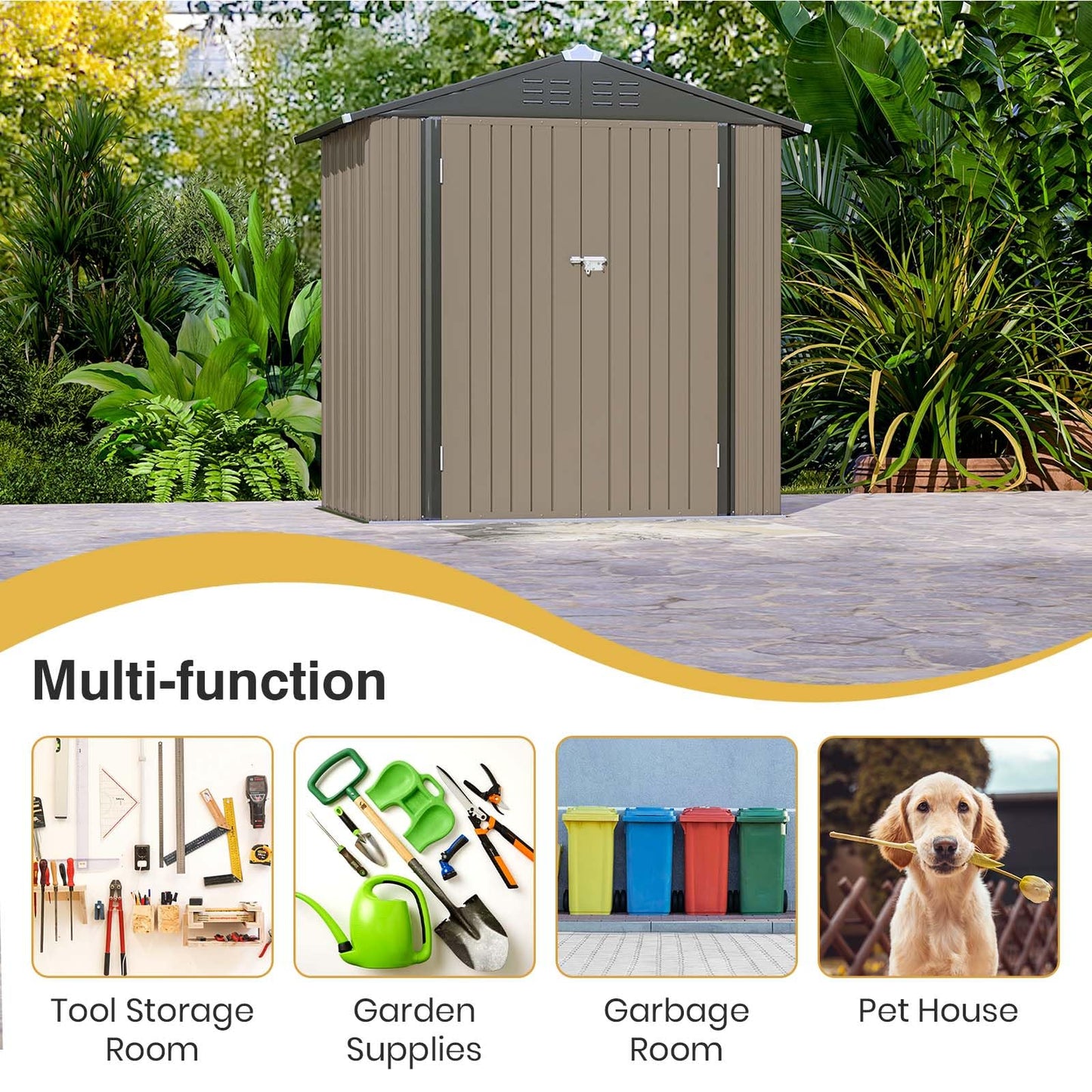 Patiowell 6x4 FT Storage Shed, Outdoor Metal Sheds with Lockable Door and Sloping Roof, Waterproof Outside Utility Garden Tool Shed with Breathable Vents for Patio Lawn Backyard, Brown