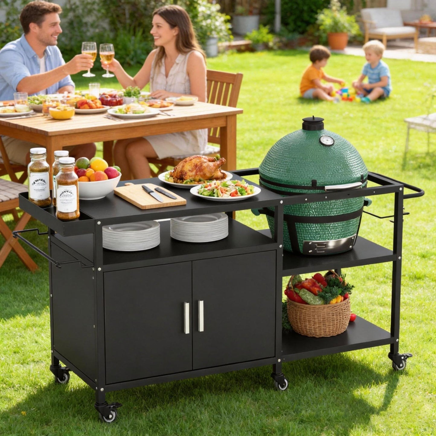 Mobile Grill Cart Compatible with Big Green Egg, Heavy Duty Metal Grill Table for Large/Medium Ceramic Charcoal Grills, Outdoor Kitchen Island Prep Station with Storage Cabinet, 6 Wheels