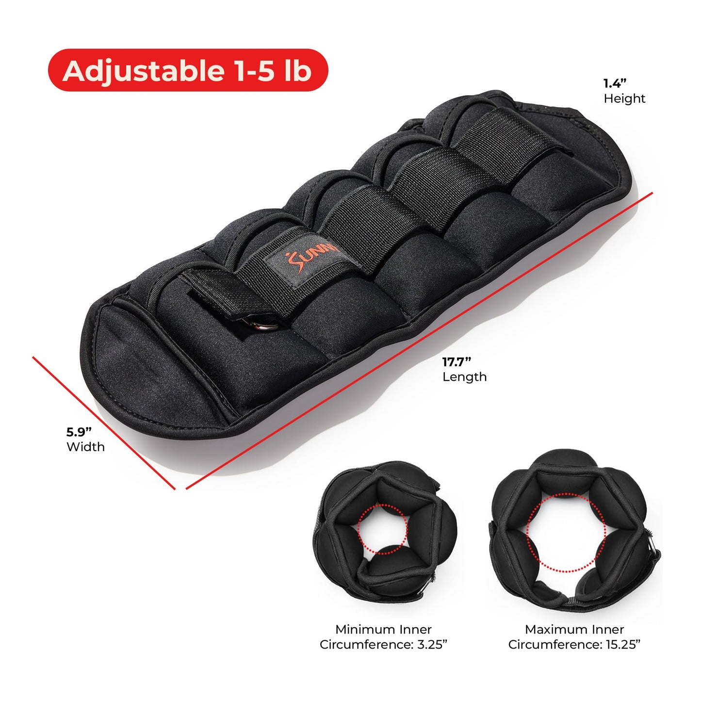 Sunny Health & Fitness Ankle Weights for Women, Men & Kids – Adjustable 1–5 lb Pair | Wrist, Arm & Leg Weights for Walking, Pilates, Yoga & Cardio
