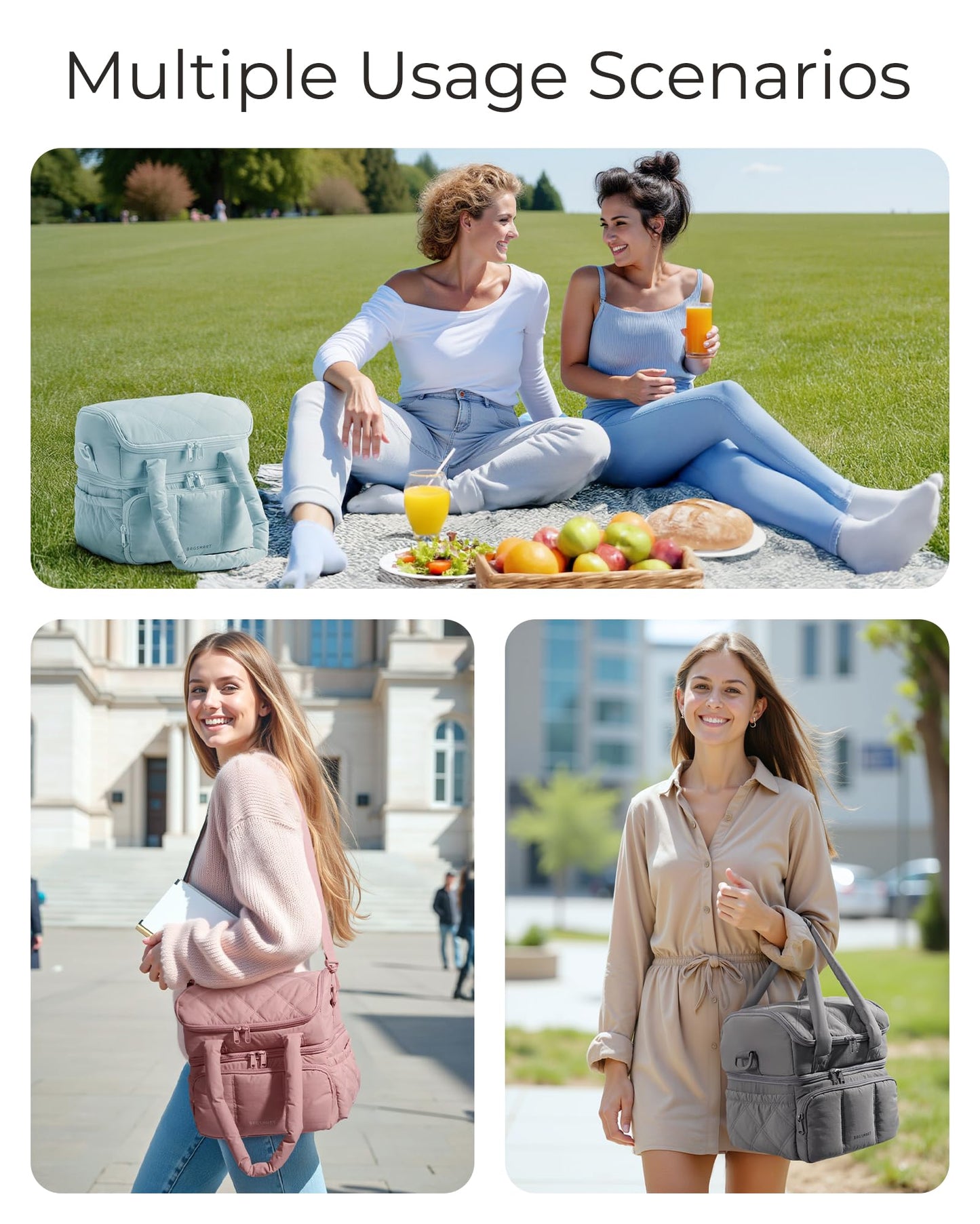 BAGSMART Lunch Bag Women, Double Deck Insulated Lunch Box, Quilted Puffer Lunch Tote, Leakproof, Durable & Reusable Large Lunch Cooler For Work Picnic Travel Meal Prep, Black