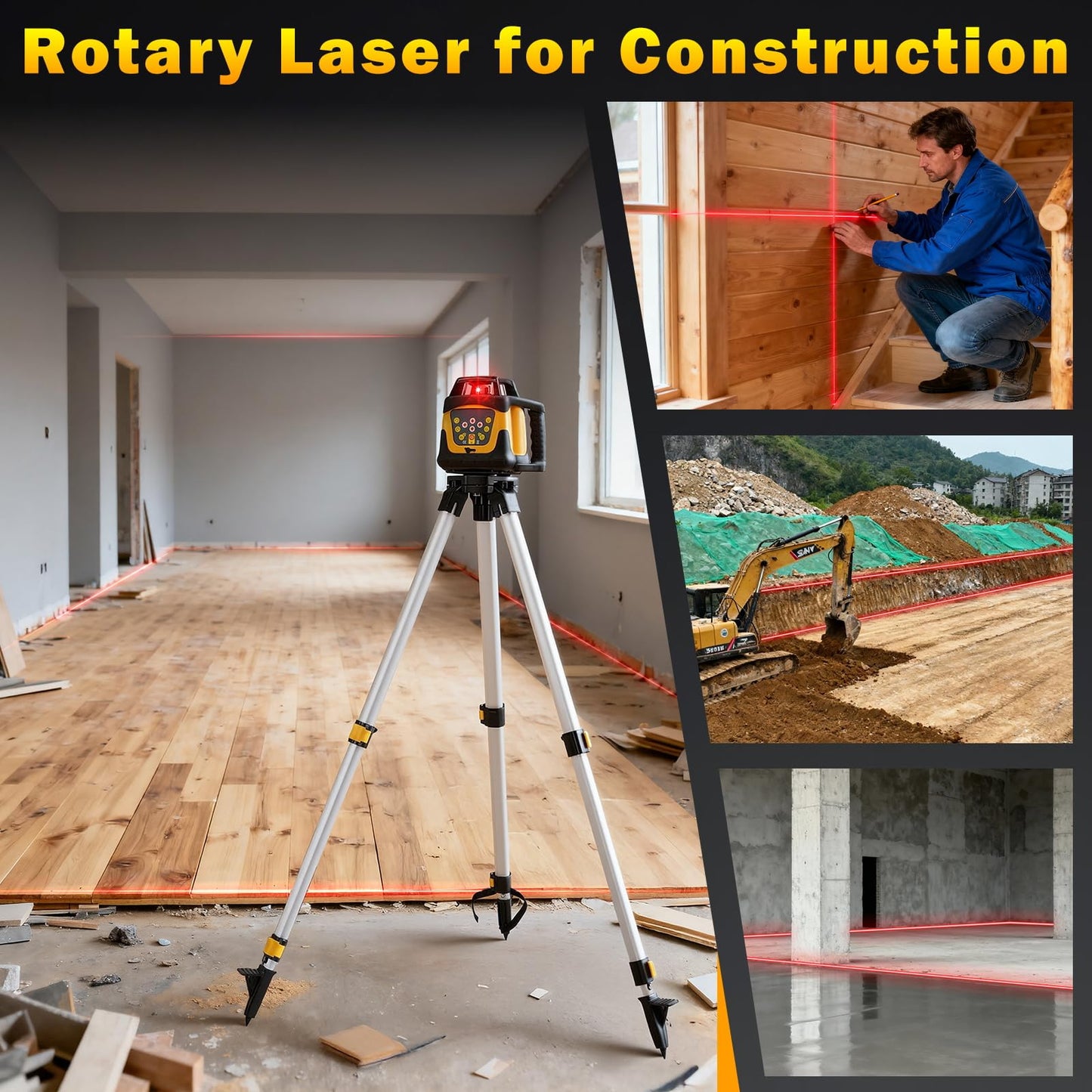 Red Rotary Laser Level 2000ft, 360 Degree Self Leveling Laser Level Kit with Receiver Remote Control and Surveying Tripod 16.4ft Staff, 5 Rotation Speeds& 4 Angles Adjustment,IP66 Waterproof.
