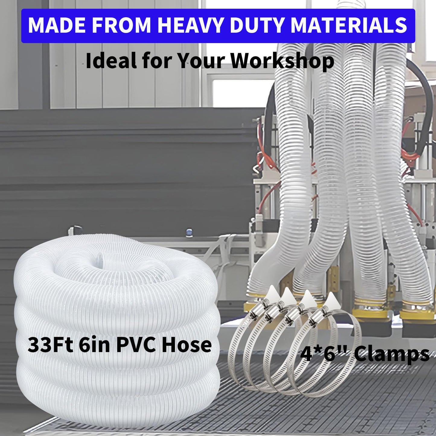 JUYO VONSAN 6 inch Dust Collection Hose 33ft 6” Heavy Duty Clear PVC Debris Flex Dust Collector Hose (6'' X 33ft)