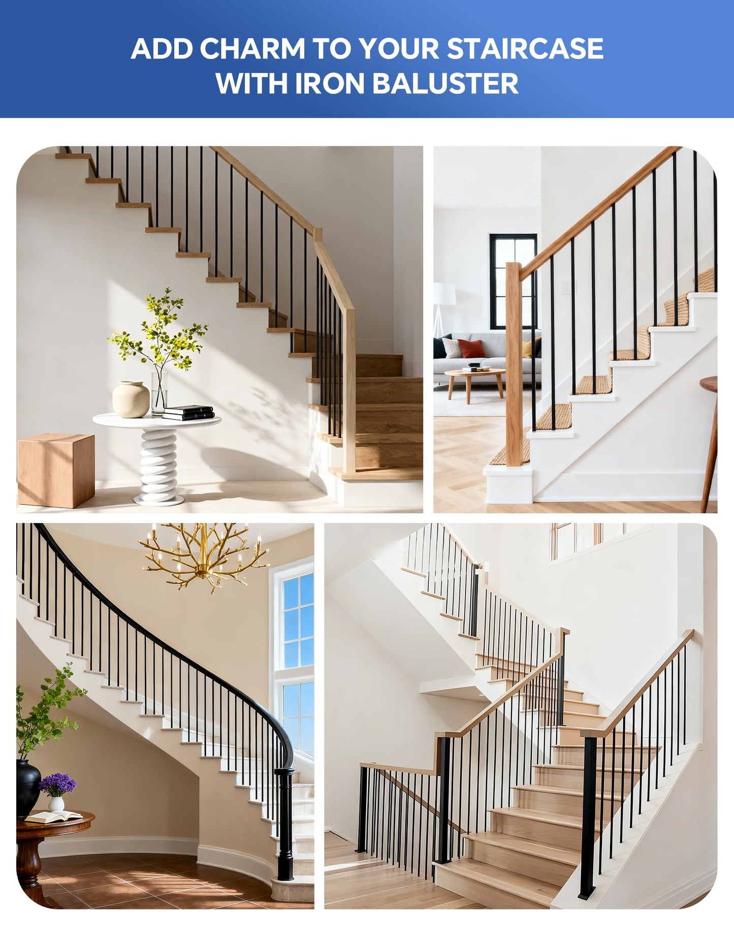 32 Pack Iron Balusters for Staircase Interior, 44 Inches Square Hollow Metal Balusters, 1/2" Wrought Iron Stair Hand Rail Spindles, Black Indoor Stair Railing, Tafbrik Metal Spindles for Staircase