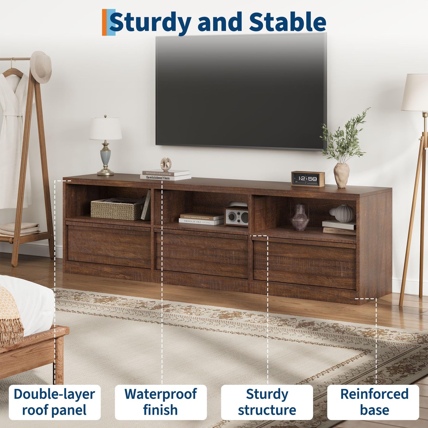 Garvee Mid Century Modern TV Stand for 65 70 75 in TVs, Industrial Entertainment Center with 3 Drawers & Open Shelves, Sturdy MDF for Living Room & Bedroom, Vintage