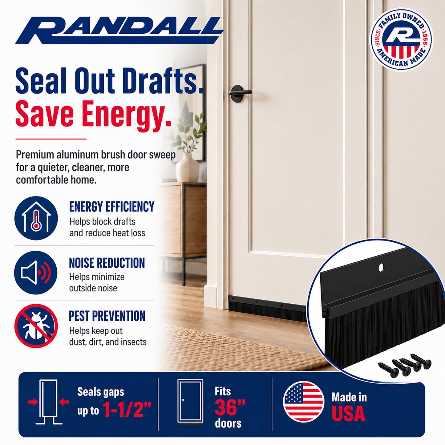 3 FT Black Aluminum Door Sweep with Black Brush Seal | Fills Gaps Up to 1 1/2” | Pre-Drilled with Matching Color Screws Included | Draft Stopper, Dust & Debris Blocker | Made in USA