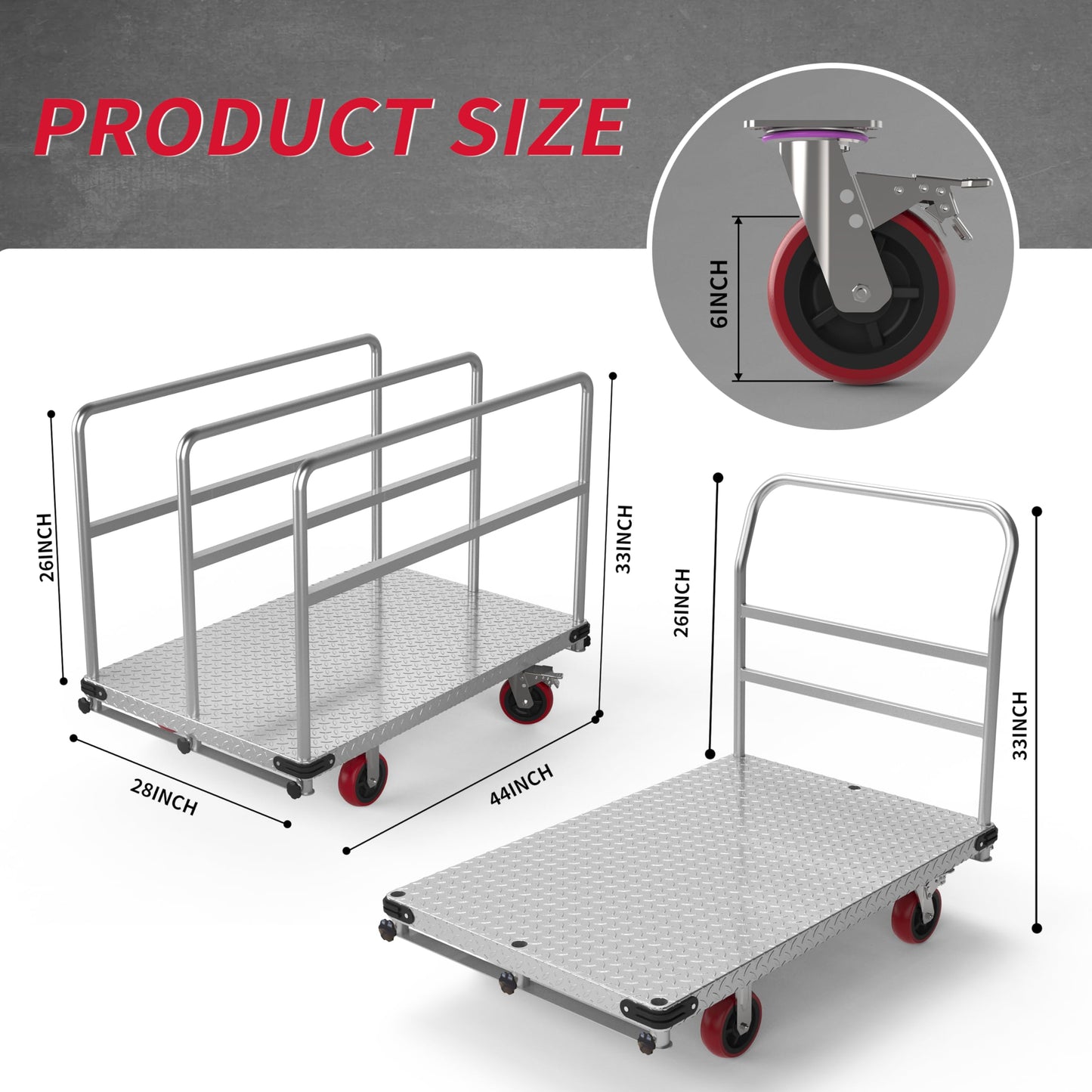 Extra Large Steel Panel Cart Dolly, 2IN1 Heavy Duty Drywall Lumber Truck with 3000 LBS Capacity, 44 x 28 inch 2MM Steel Plate Drywall Cart with 6" Swivel Brake Wheels, 1Front and 3Side Handrials