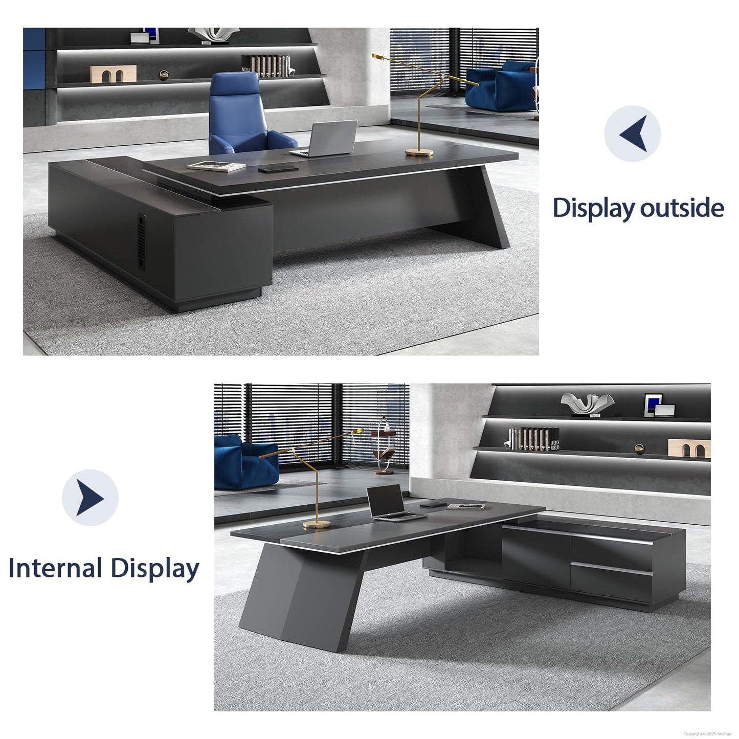 Anzhap 87" Executive Office Desk with Power Outlets & USB Ports, L-Shaped Executive Computer Desk with Drawers, Enclosed Cabinet, Ventilated CPU Compartment (Right Return, 87" L x 63" W x 30" H)
