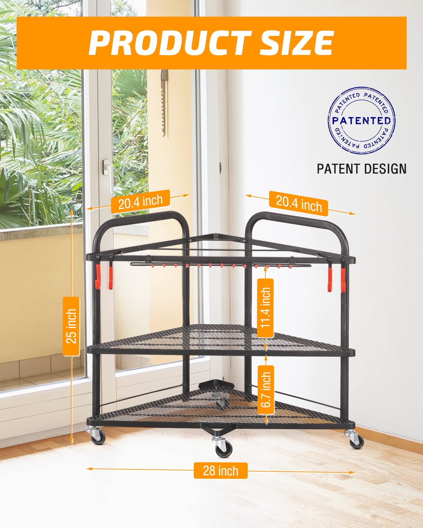 PLKOW Yoga Mat Storage Rack, Home Gym Organizer for Foam Roller, Resistance Bands, Block and Dumbbells, Rolling Workout Rack With Wheels and Hooks, Powder Coated Finish Steel