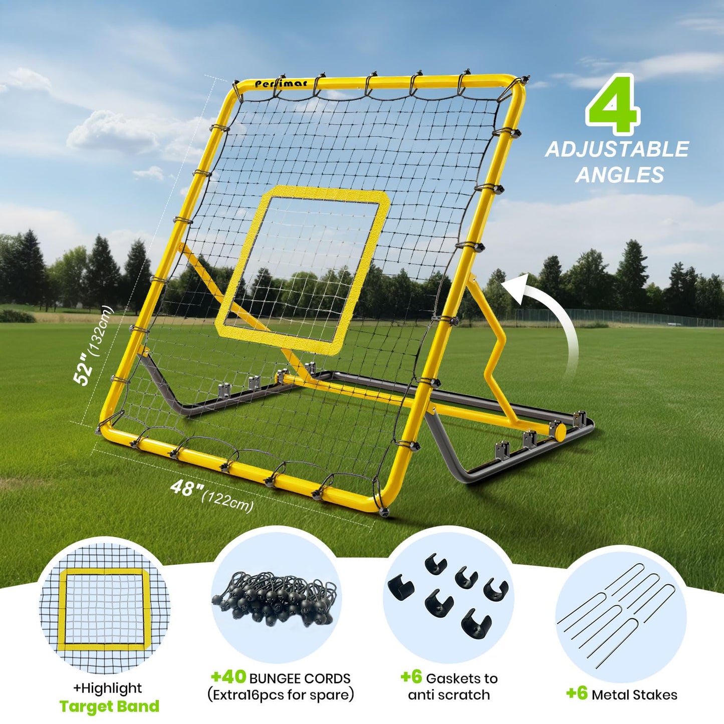 Baseball Rebounder Net,4x4.5FT Multi-Sport Pitch Back Rebounder Steel Frame with 4 Adjustable Angles, 40pcs Bungees Soccer, Volleyball&Lacrosse Trainer for Solo Fielding (Yellow)
