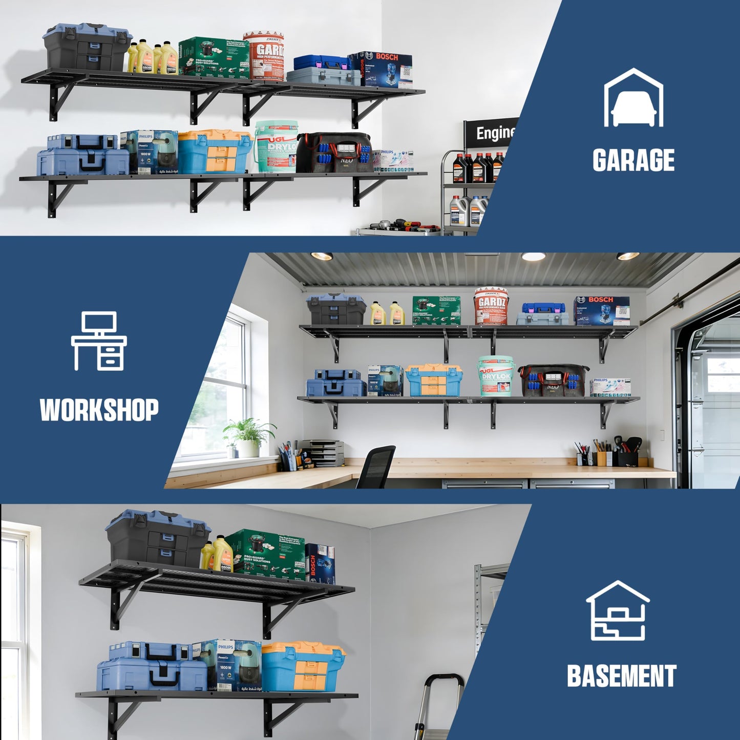 FOFARY Garage Wall Shelving 2-Pack(1.64x4 ft) Heavy Duty, Adjustable Garage Shelving Wall Mounted Shelves for Storage & Organization, Total 600 lbs Load Capacity, Black