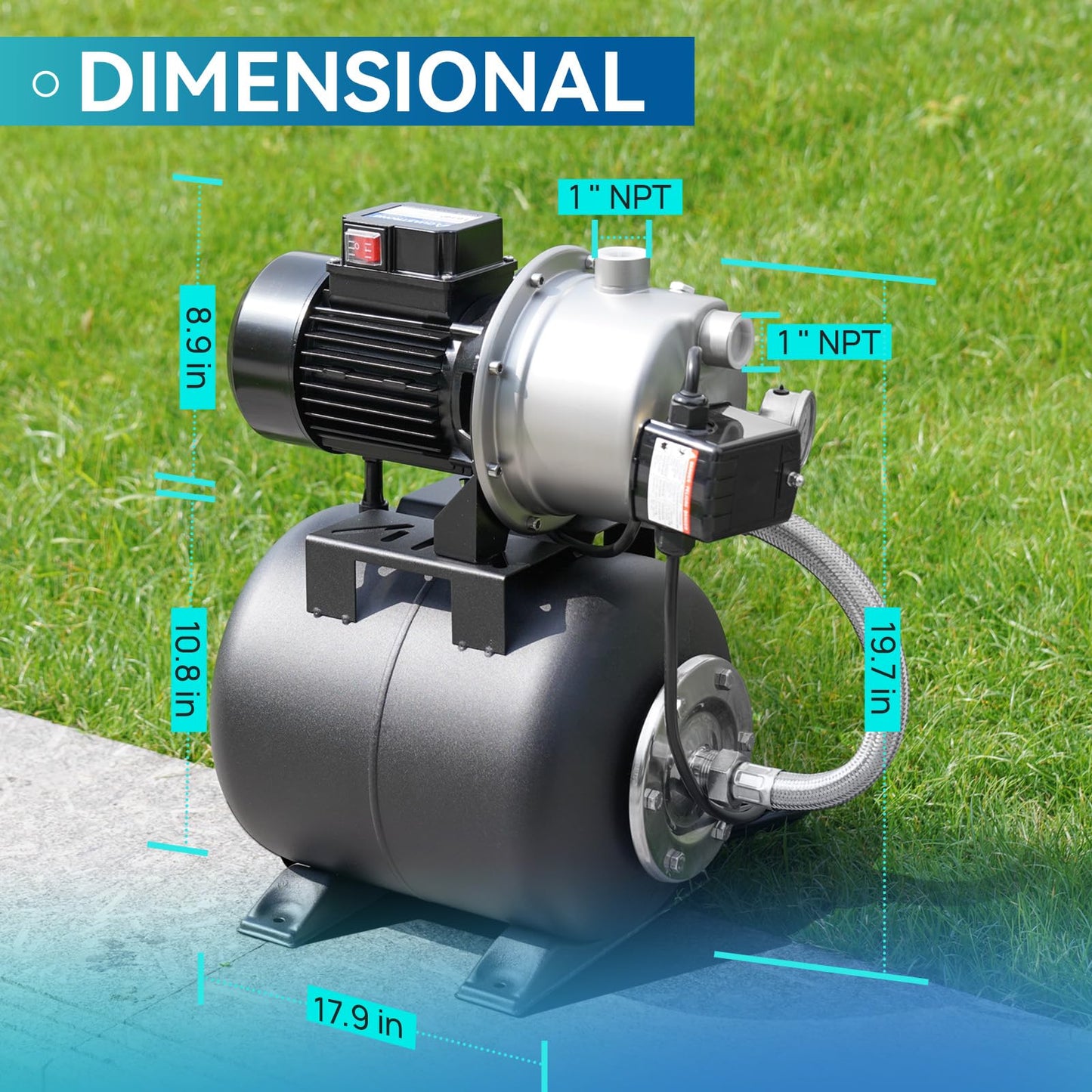 Aquastrong 115V Shallow Well Garden Pump, Stainless Steel, 1320 GPH, Automatic Water Booster Jet Pump for Home, Garden, Lawn,Irrigation,1.6 HP with Pressure Tank