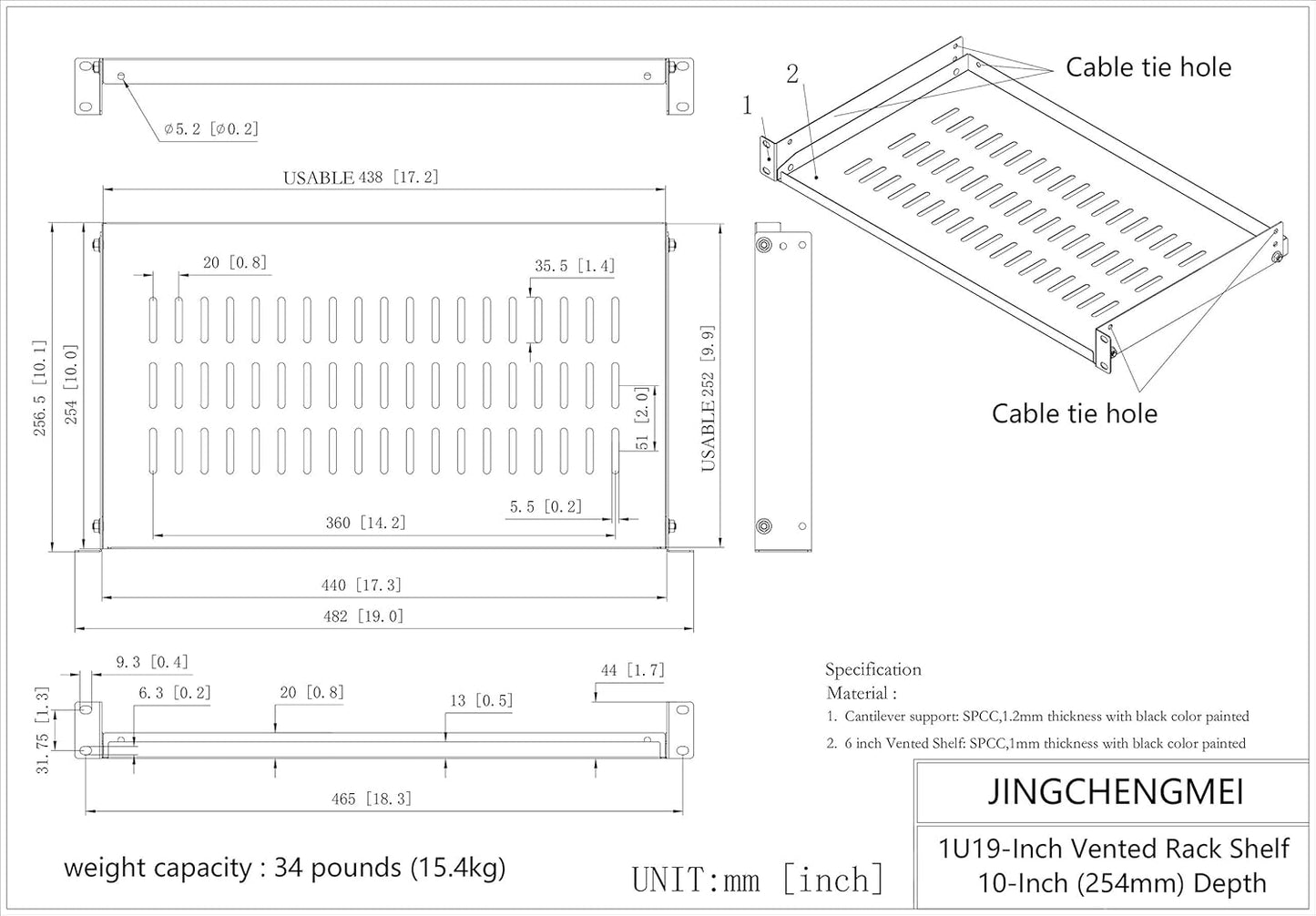 JINGCHENGMEI 1U 10"(254mm) 19-Inch Cabinet(1U10V) Disassembled Vented Cantilever Server Rack Mount Shelf Depth