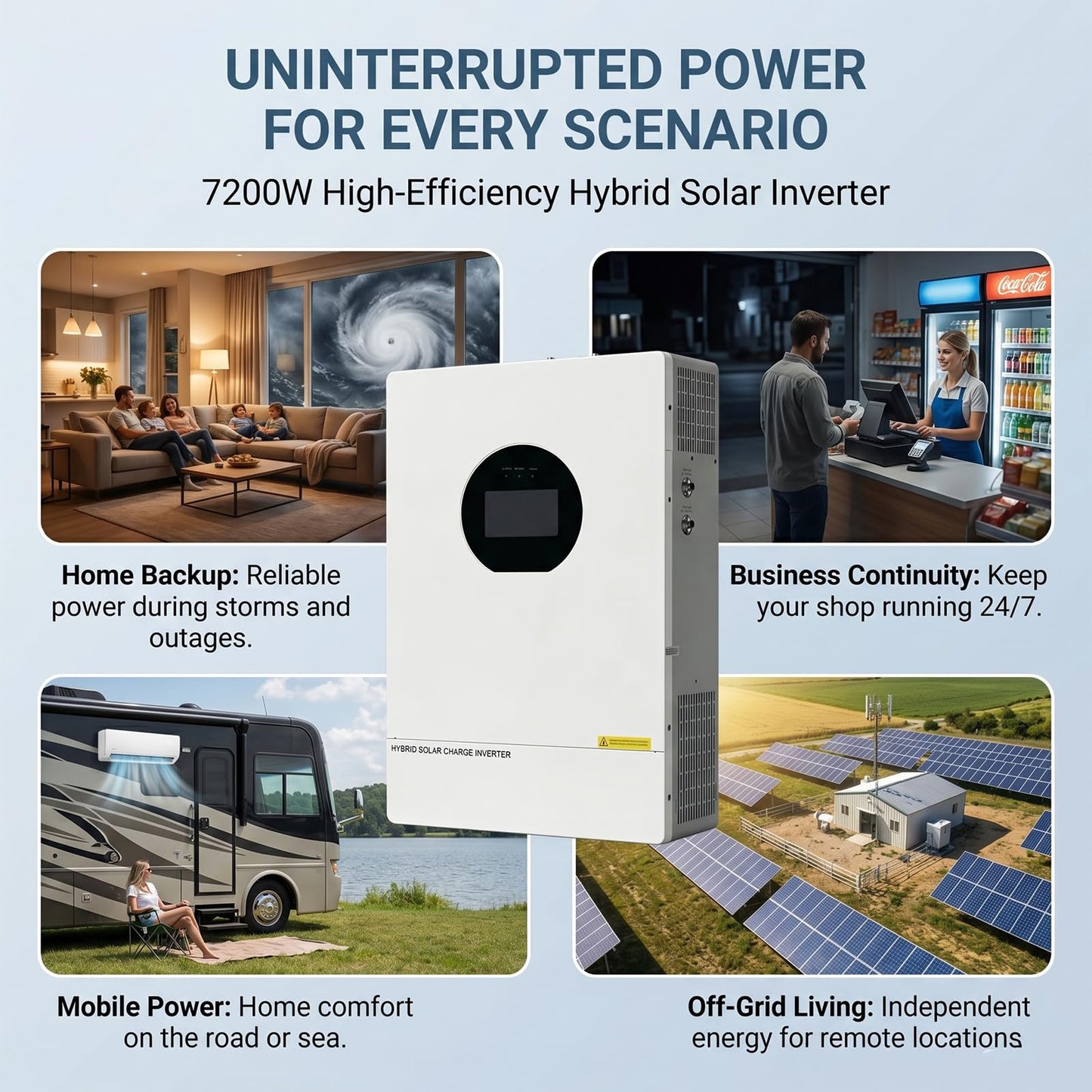 7200W Split-Phase Hybrid Solar Inverter, 120V/240V, 150A Dual MPPT, 48V Battery, UL Certified for Home Backup