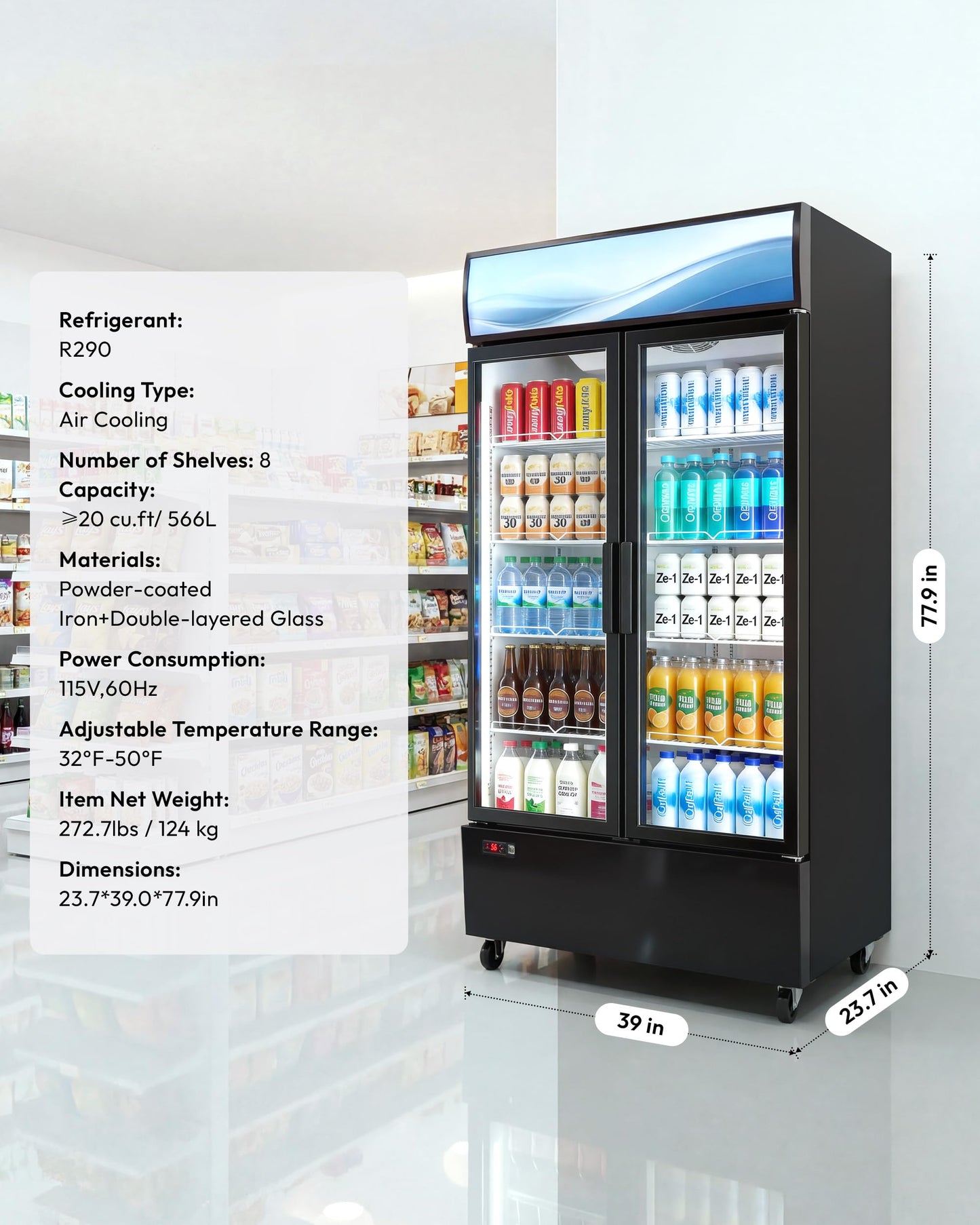 ICEVIVAL 20 cu.ft Beverage Fridge, Commercial Refrigerators with LED Light, 2 Glass Door Drink Merchandiser with 8 Adjustable Shelves, 32-50°F Digital Control ETL Certified Black