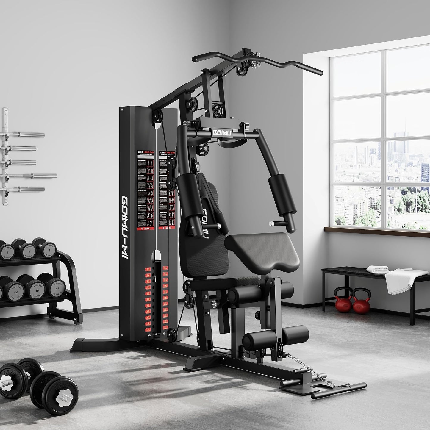 GOIMU Home Gym, M1 Workout Station with 140LBS Weight Stack, Multifunctional Home Gym Equipment with Pulley System & Adjustable Seat for Full Body Strength Training (M1 PRO)