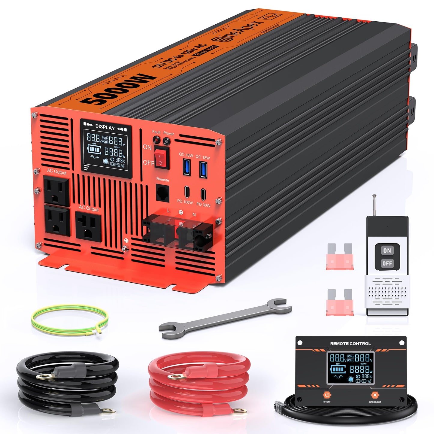 5000W Pure Sine Wave Inverter, Car Power Inverter 12V to 120V with Dual AC and 20A Socket, 18W+18W USB, 100W+30W Type-C, Surge 10000W, Remote Controller