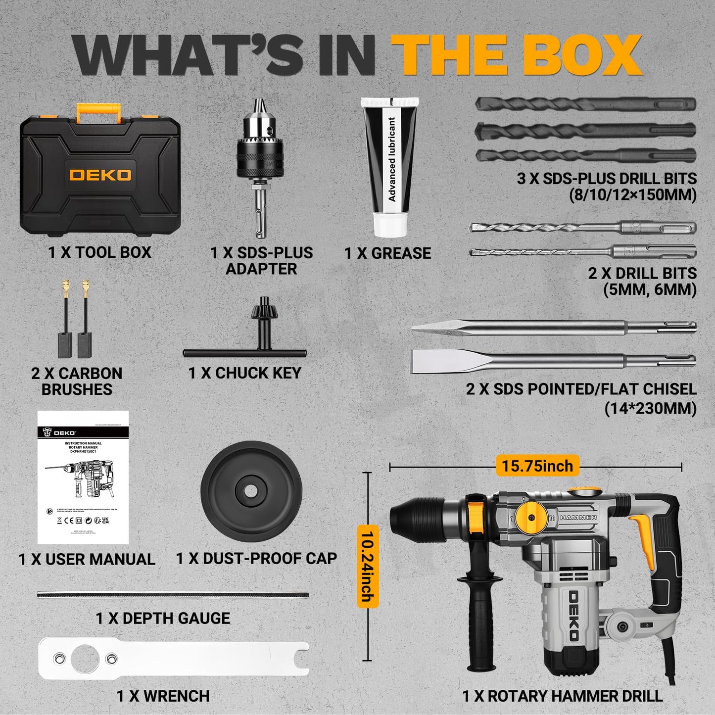 1-1/4 Inch SDS-Plus Rotary Hammer Drill, 12.5Amp Electric Heavy Duty Hammer Drill Corded with 4 Functions, Demolition Hammer for Concrete with Drill Bits and Chisels, Safety Clutch & Vibration Control