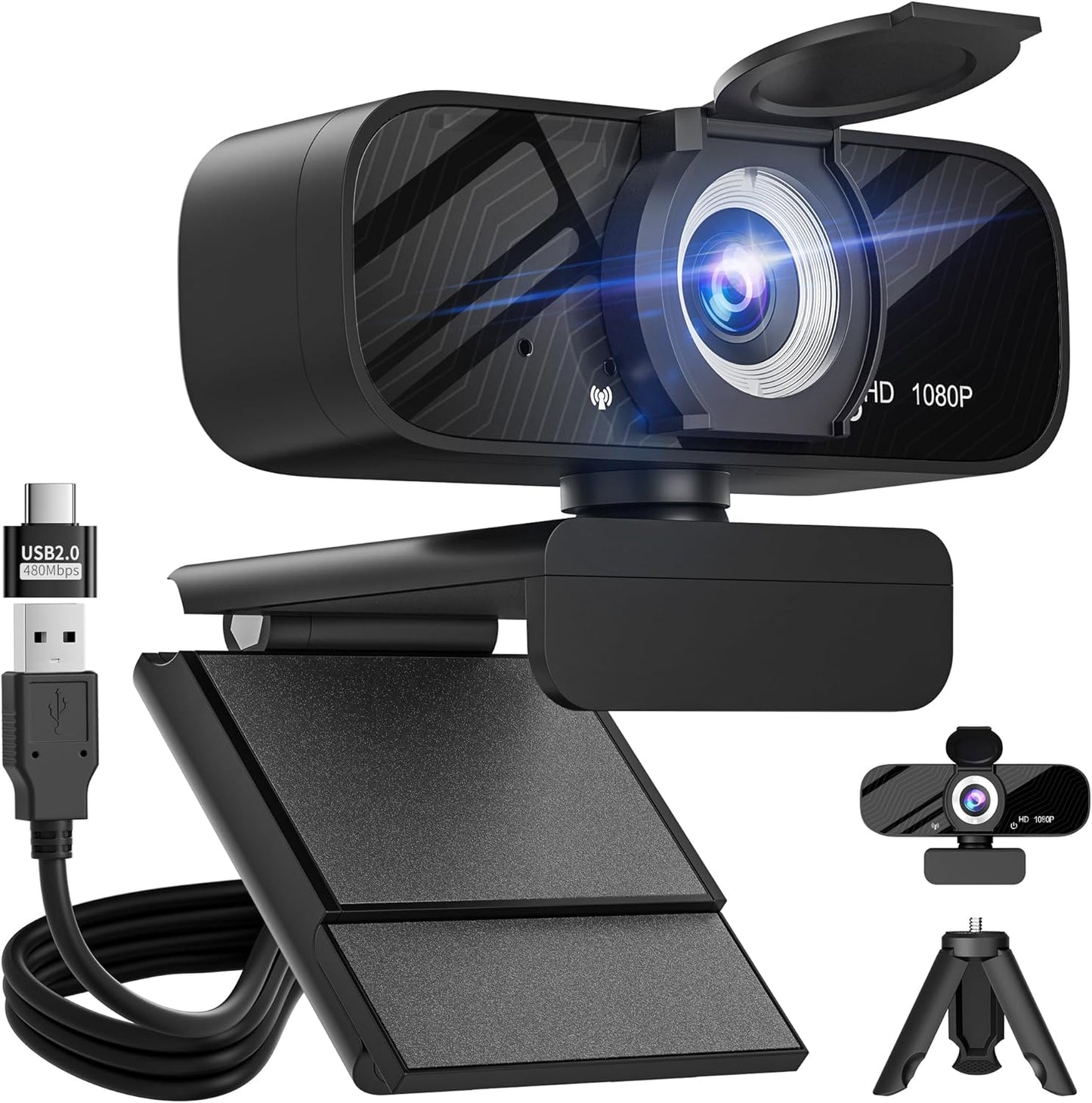 Gohero 1080P Full HD Webcam, Black, with Privacy Cover, Noise Cancellation, Auto Focus, for Video Conferencing