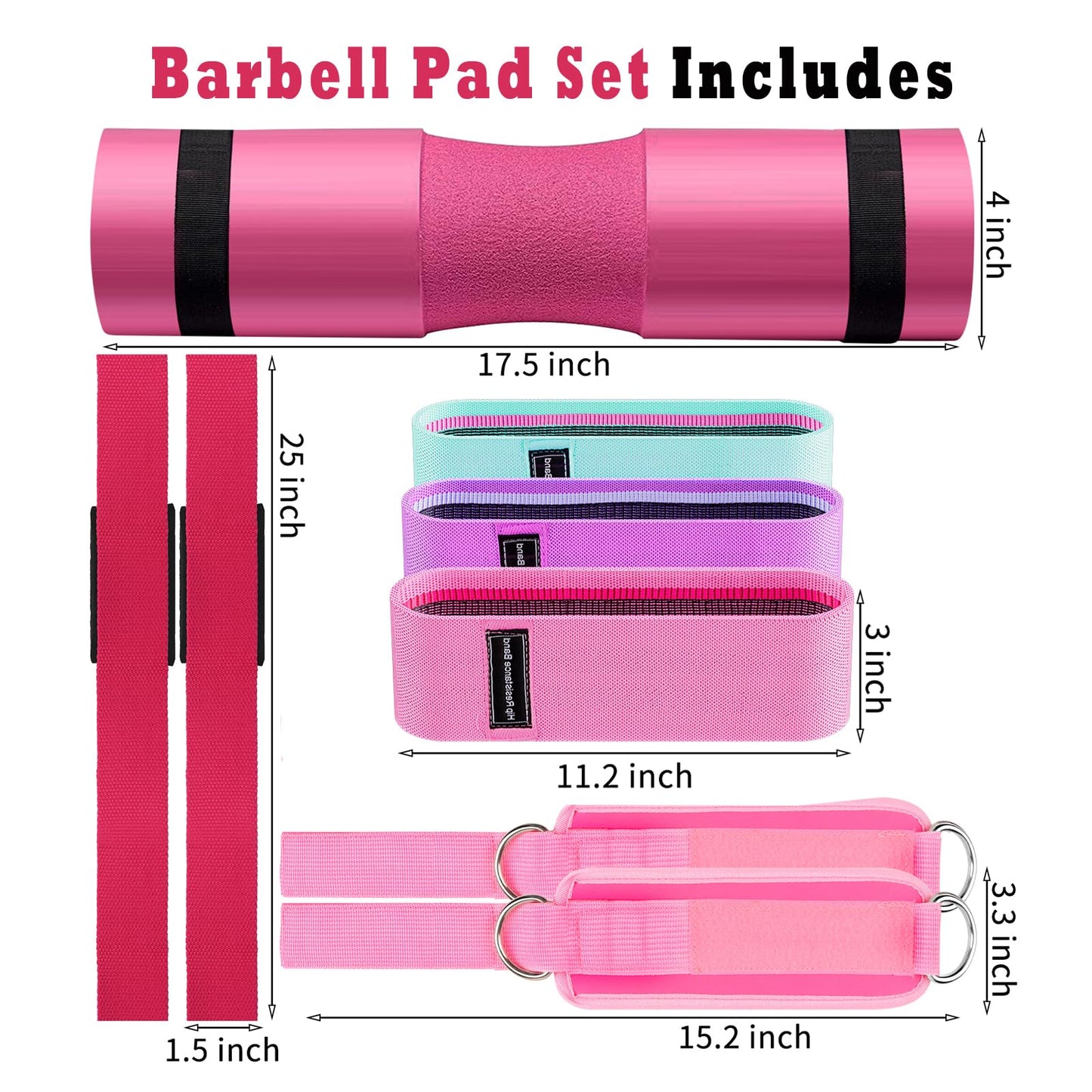 Barbell Pad Set, 10 Pcs Barbell Squat Pad for Hip Thrusts, Lunges, Leg Day with 2 Gym Ankle Straps, 3 Hip Resistance Bands, 2 Lifting Strap, Barbell Pad and Carry Bag