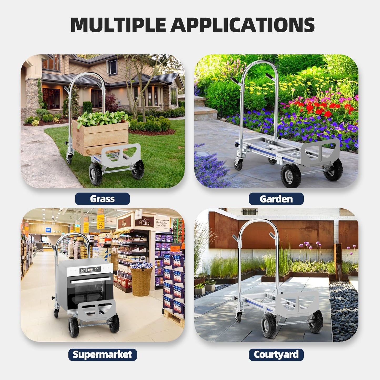 Aluminum Hand Truck, 3 in 1 Convertible Hand Truck Dolly 1000 Lbs Capacity, Pneumatic Wheels - Collapsible Heavy Duty Cart for Efficient Storage, Suit for Moving in Supermarket, Garden, Grass, Yard