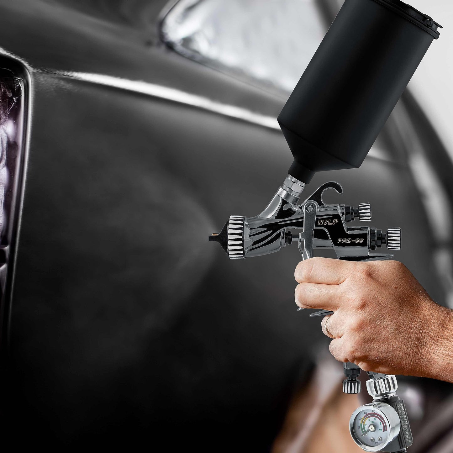Master Elite Performance PRO-88 HVLP Automotive Spray Paint Gun with 3 Tips 1.3, 1.4 and 1.8mm, 1L Cup, Regulator Gauge, MPS Adapter - Auto Paint Spray Gun for Automotive Basecoats, Clearcoats